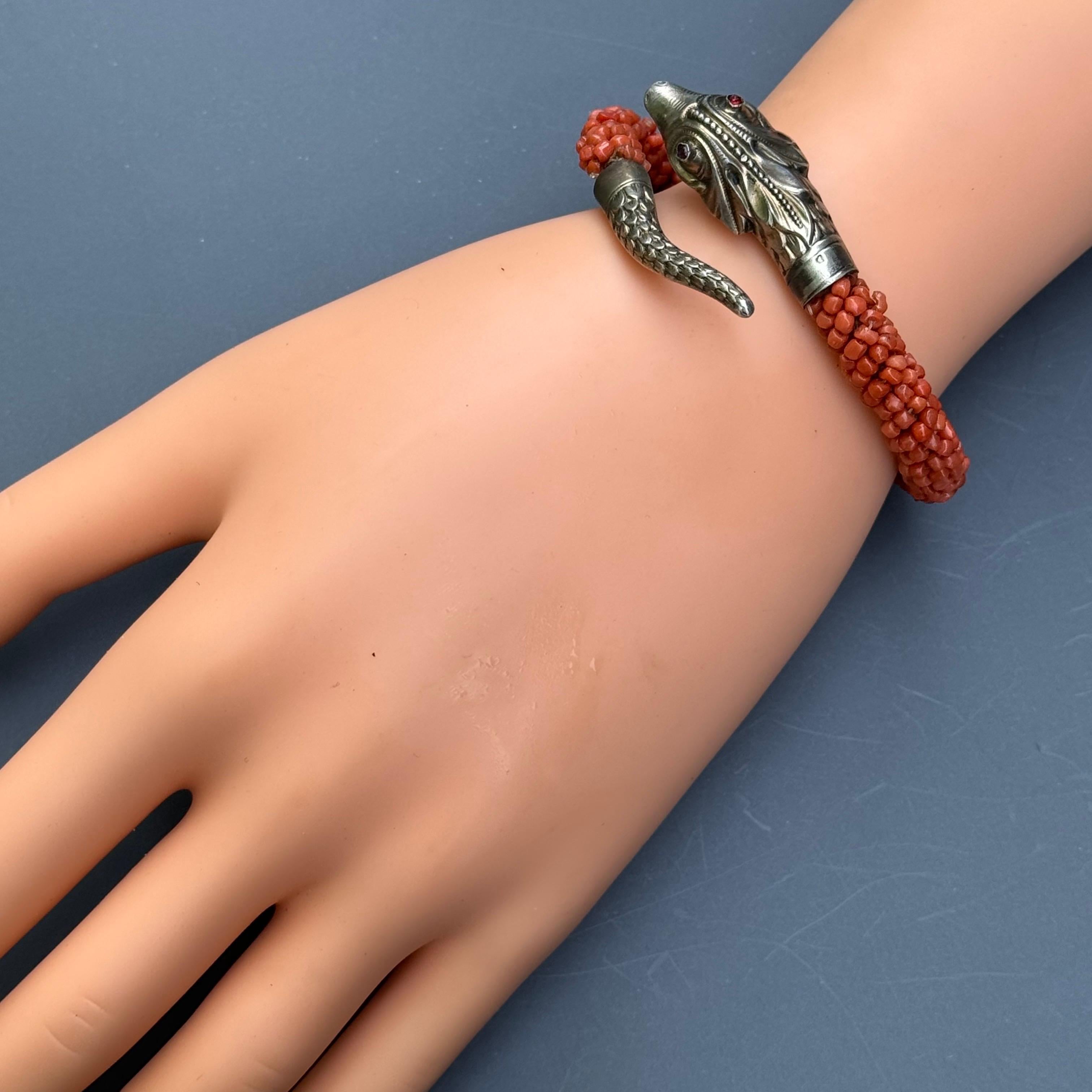 Antique Gold Gilt Silver Coral Wrap Snake Bangle Bracelet For Sale 12