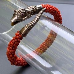 Victorian Gold Gilt Silver Coral Wrap Snake Bangle Bracelet