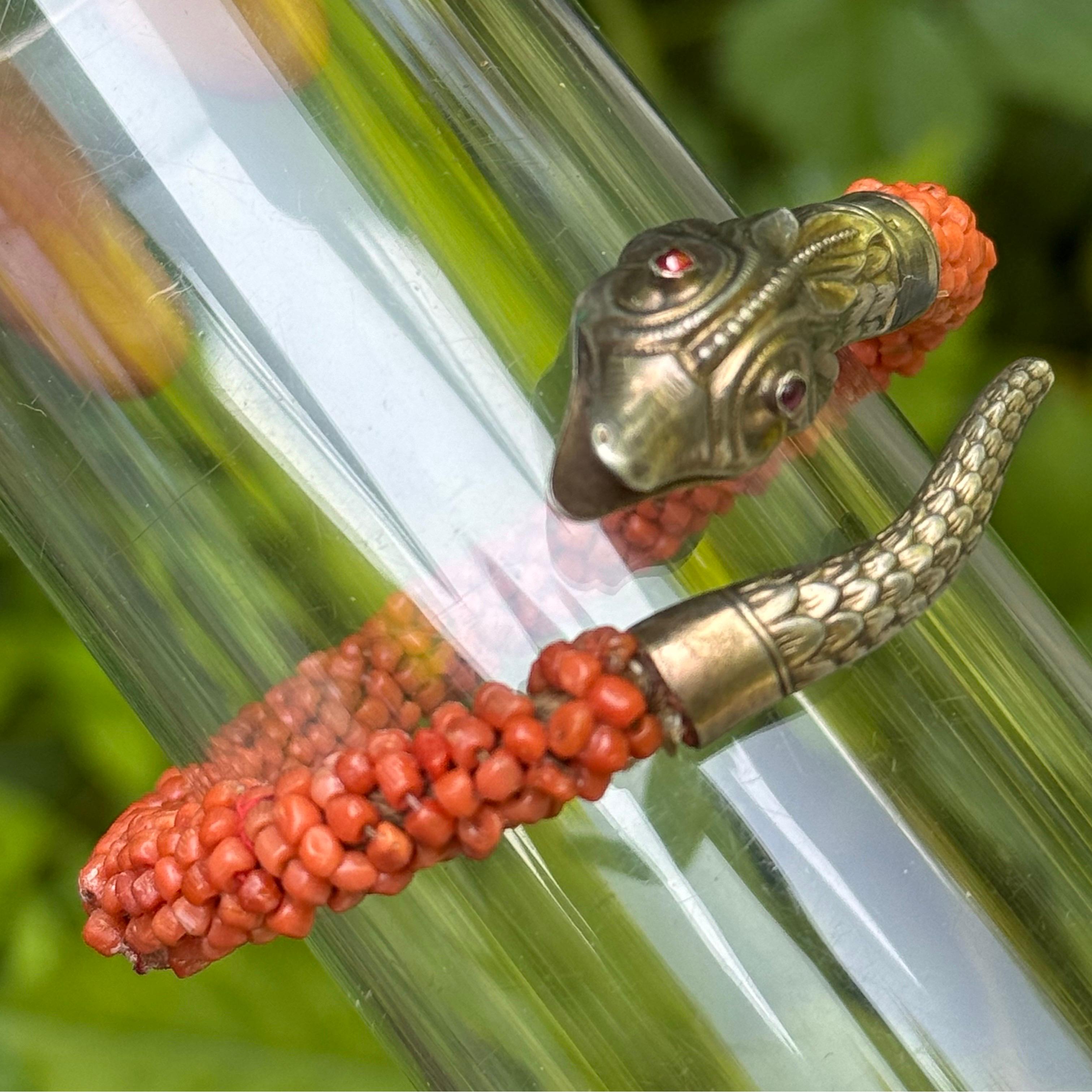 Victorian Antique Gold Gilt Silver Coral Wrap Snake Bangle Bracelet For Sale