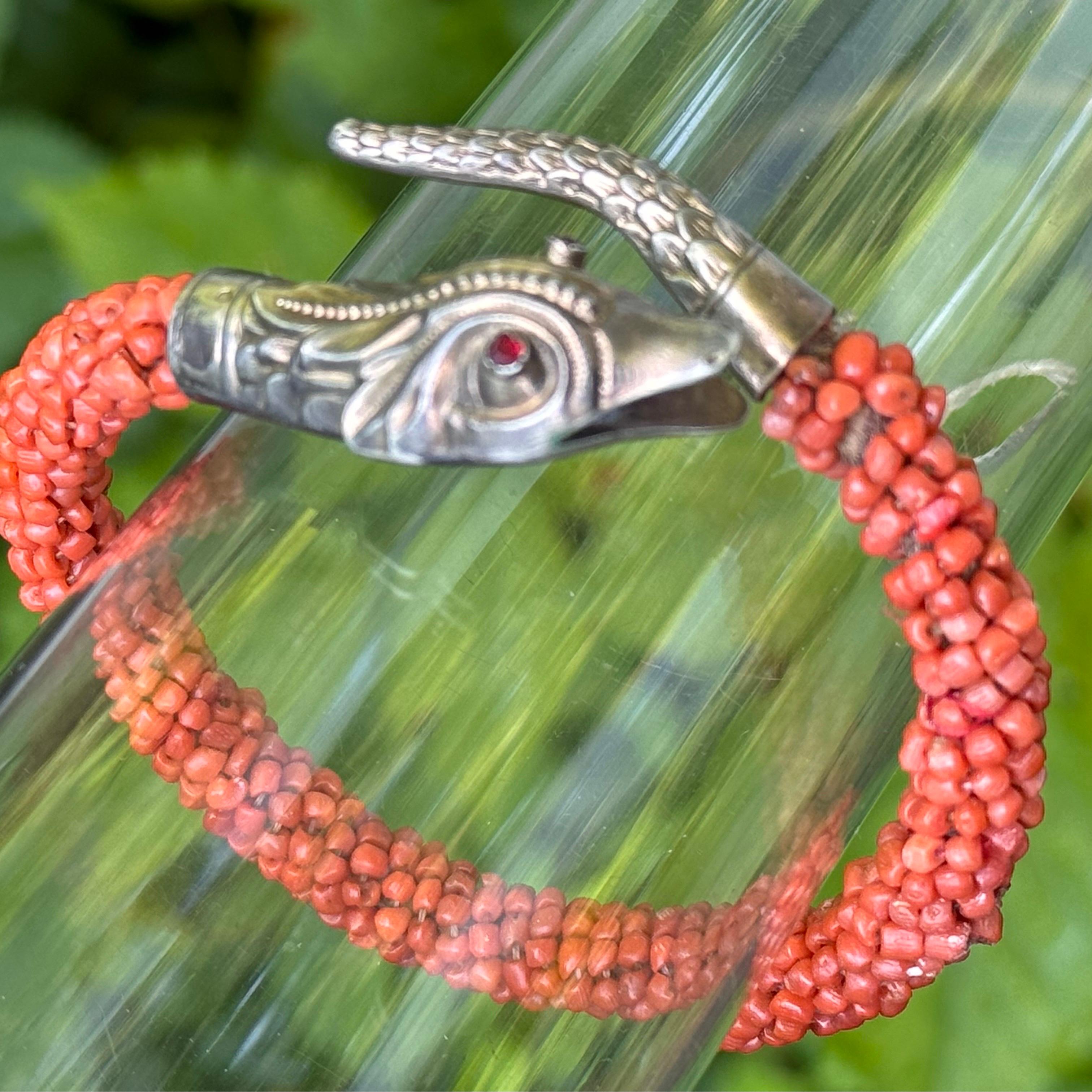 Bead Antique Gold Gilt Silver Coral Wrap Snake Bangle Bracelet For Sale