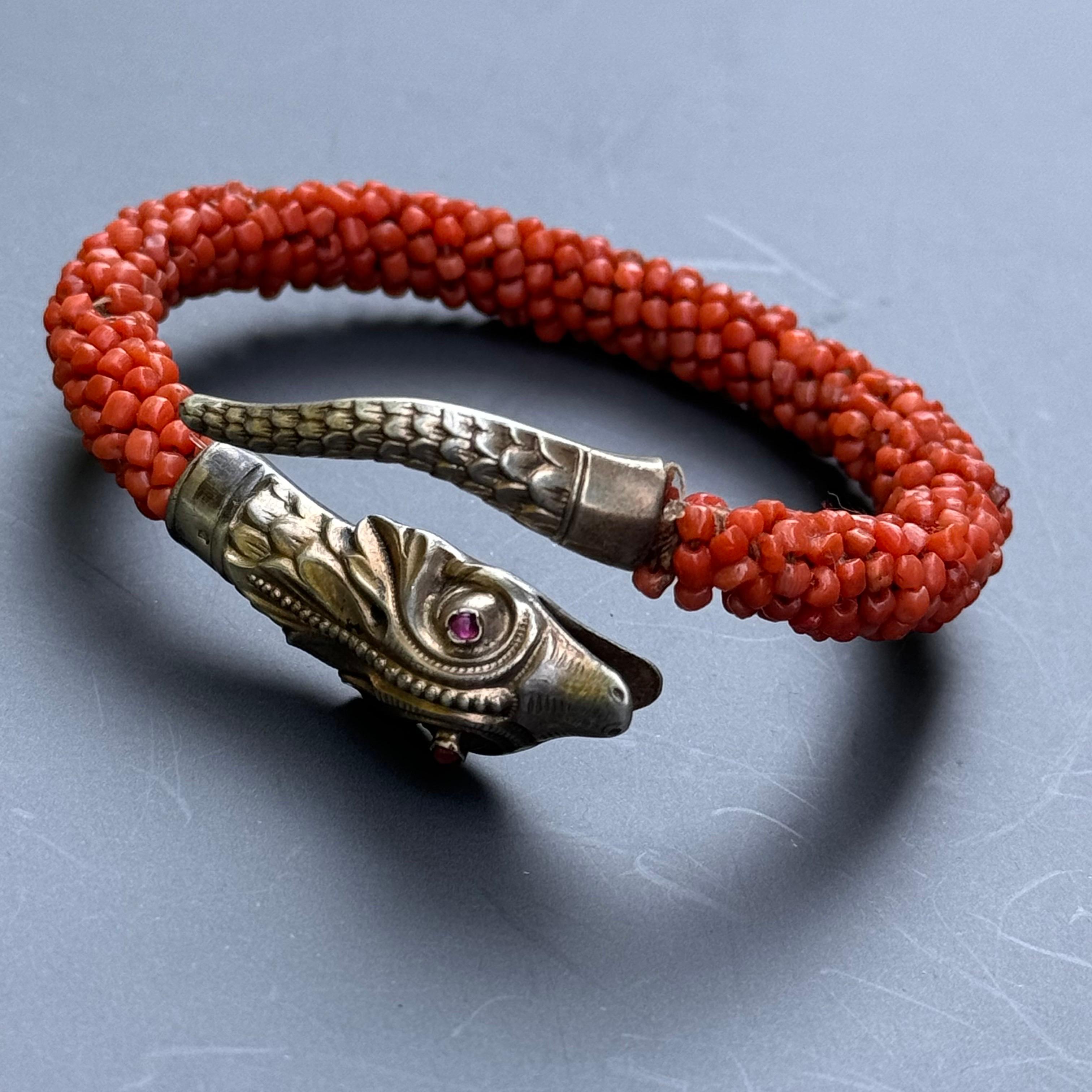 Antique Gold Gilt Silver Coral Wrap Snake Bangle Bracelet In Good Condition For Sale In Monroe Township, NJ