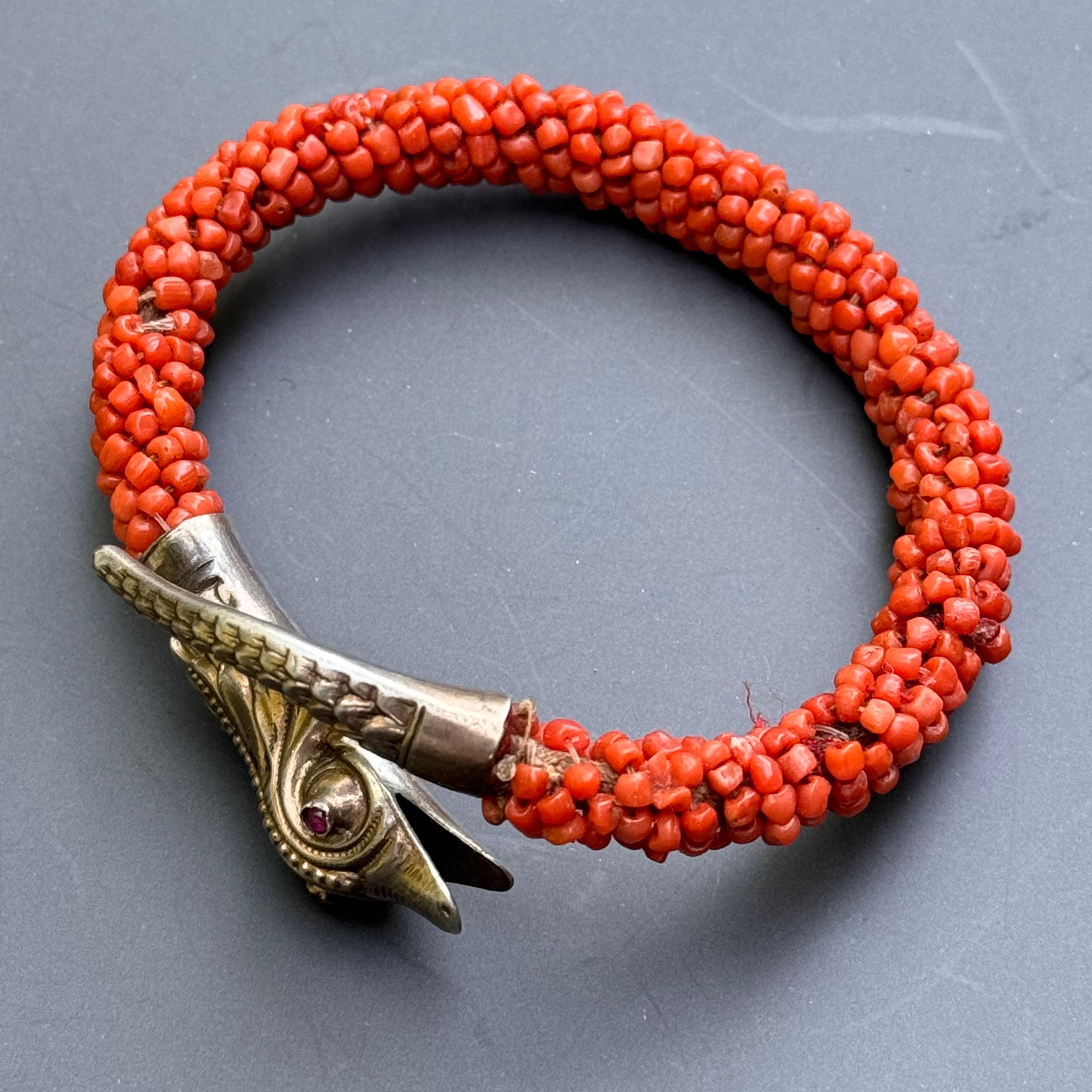 Women's or Men's Antique Gold Gilt Silver Coral Wrap Snake Bangle Bracelet For Sale