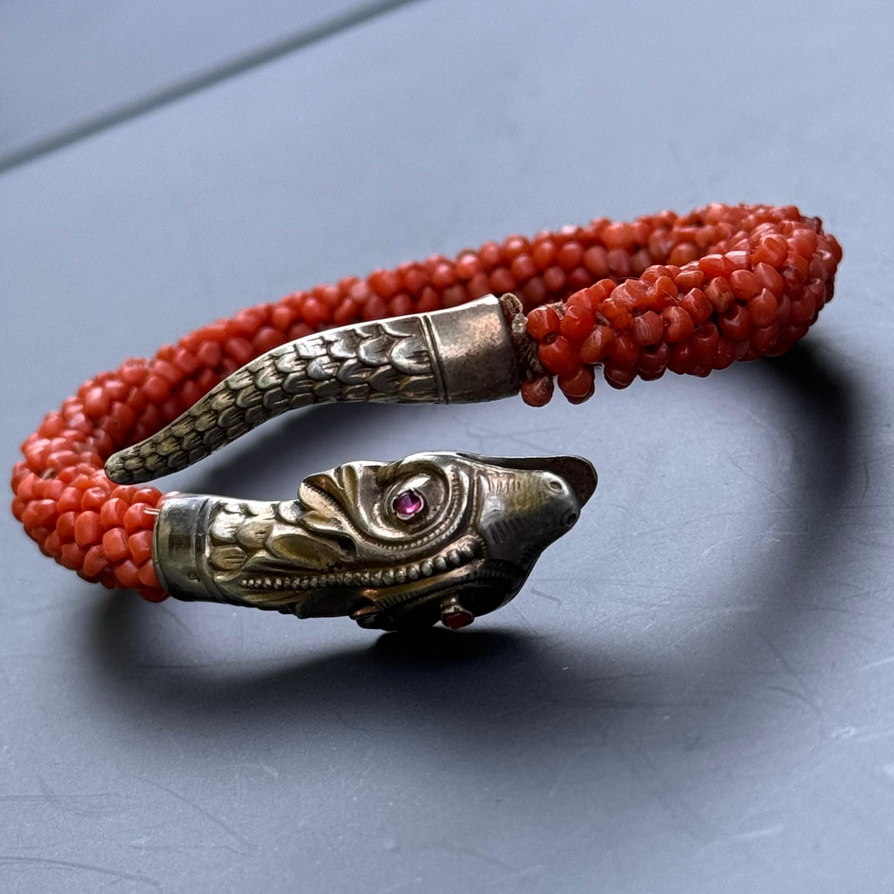 Antique Gold Gilt Silver Coral Wrap Snake Bangle Bracelet For Sale 1