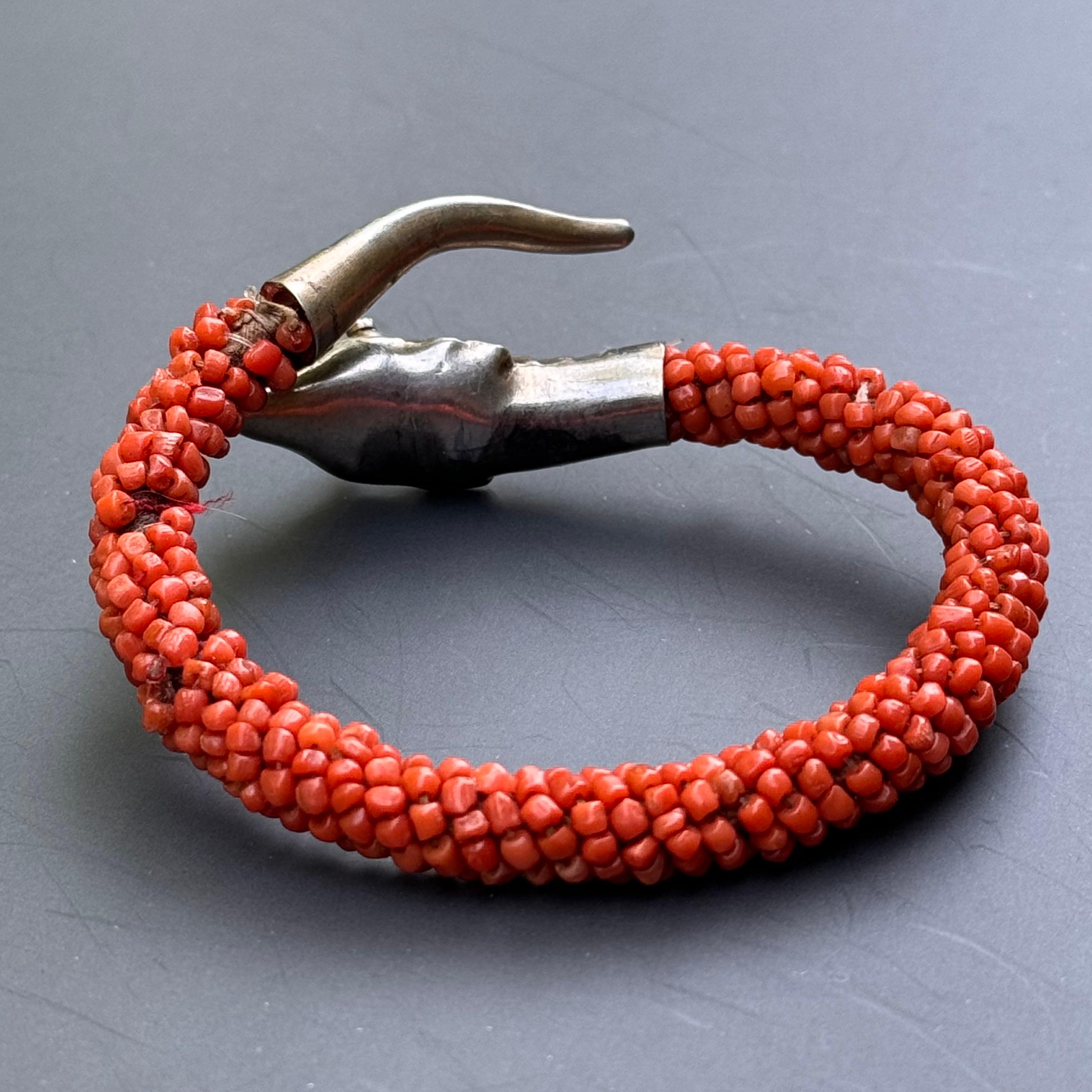 Antique Gold Gilt Silver Coral Wrap Snake Bangle Bracelet For Sale 2