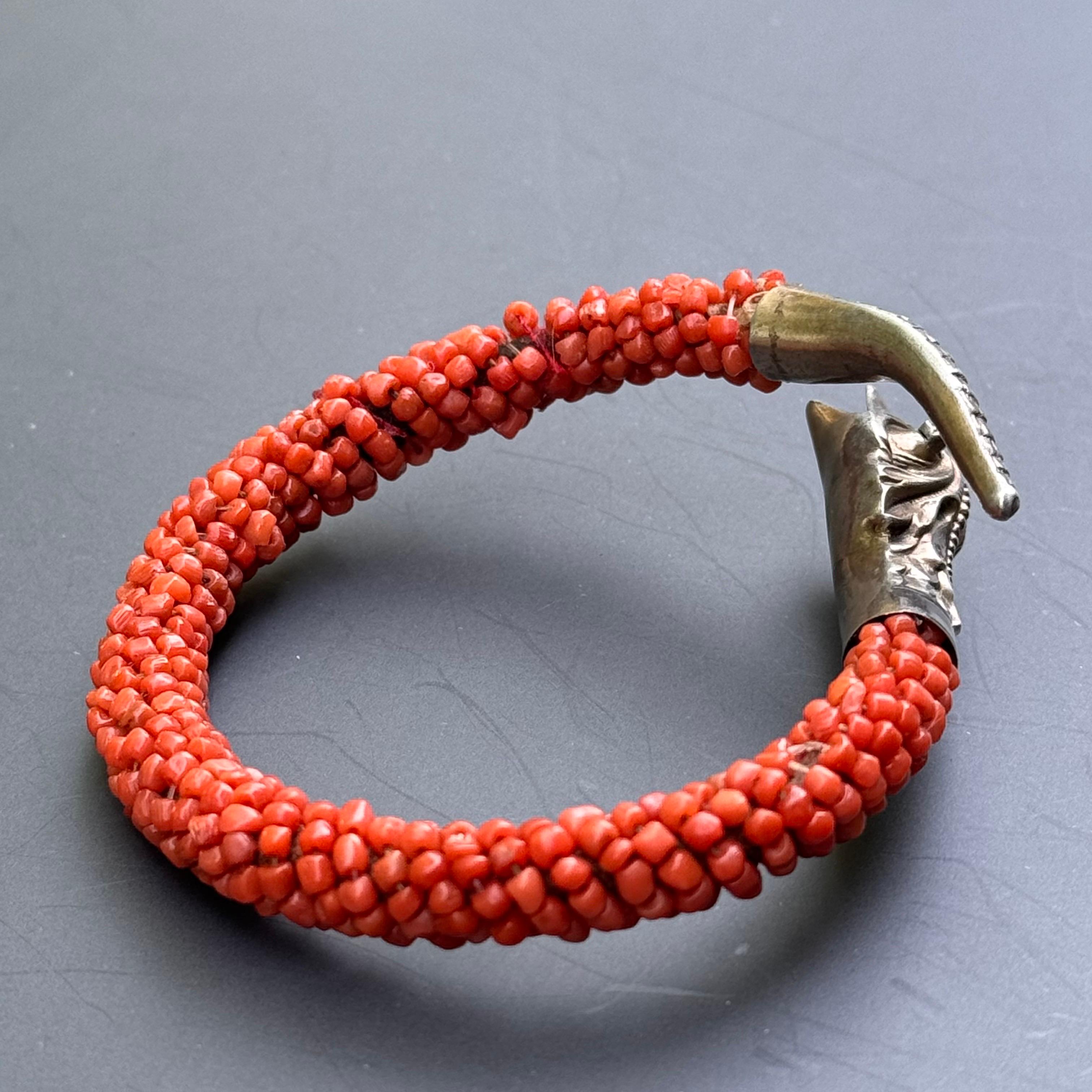 Antique Gold Gilt Silver Coral Wrap Snake Bangle Bracelet For Sale 3
