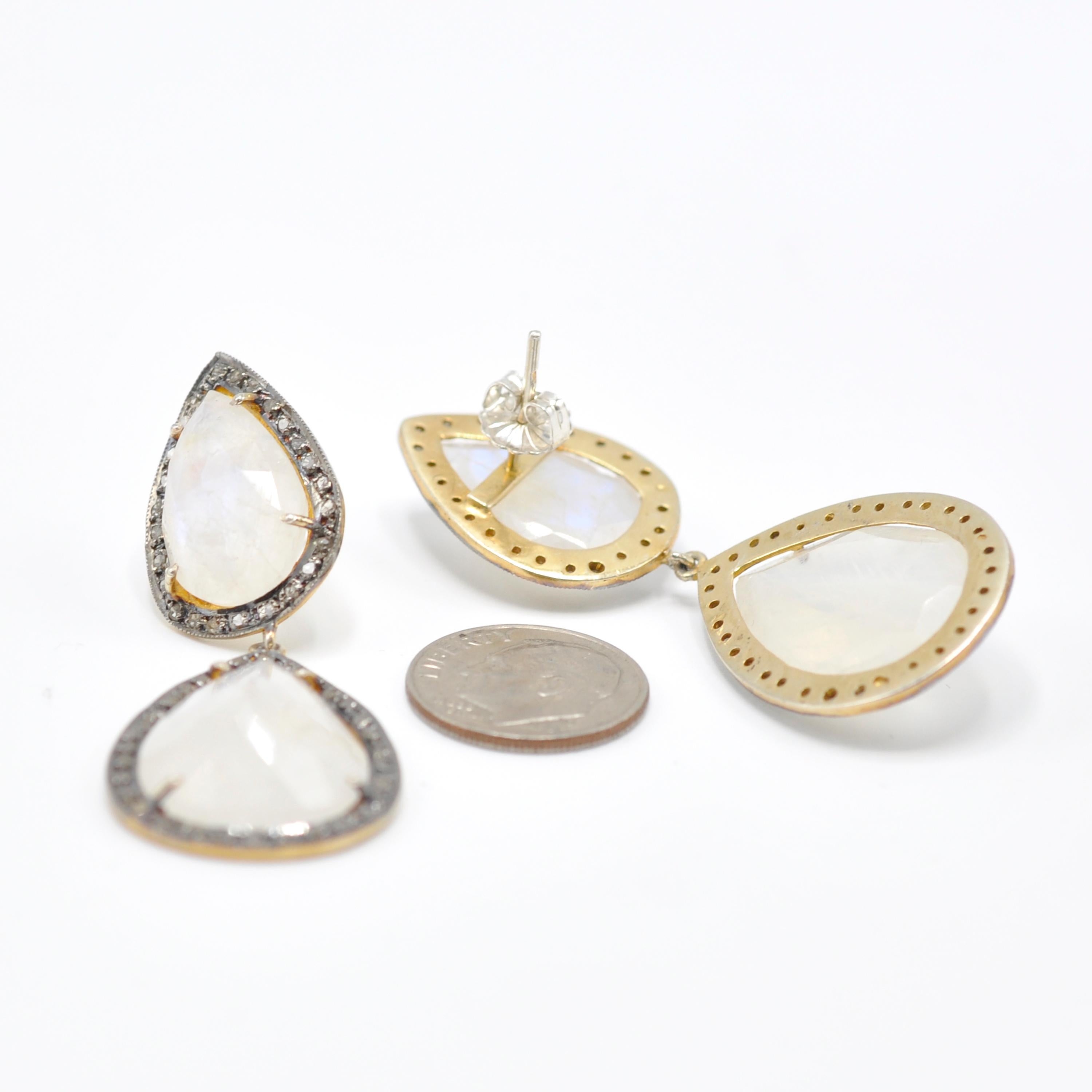 Modern Gilt Silver Diamond and Moonstone Drop Earrings