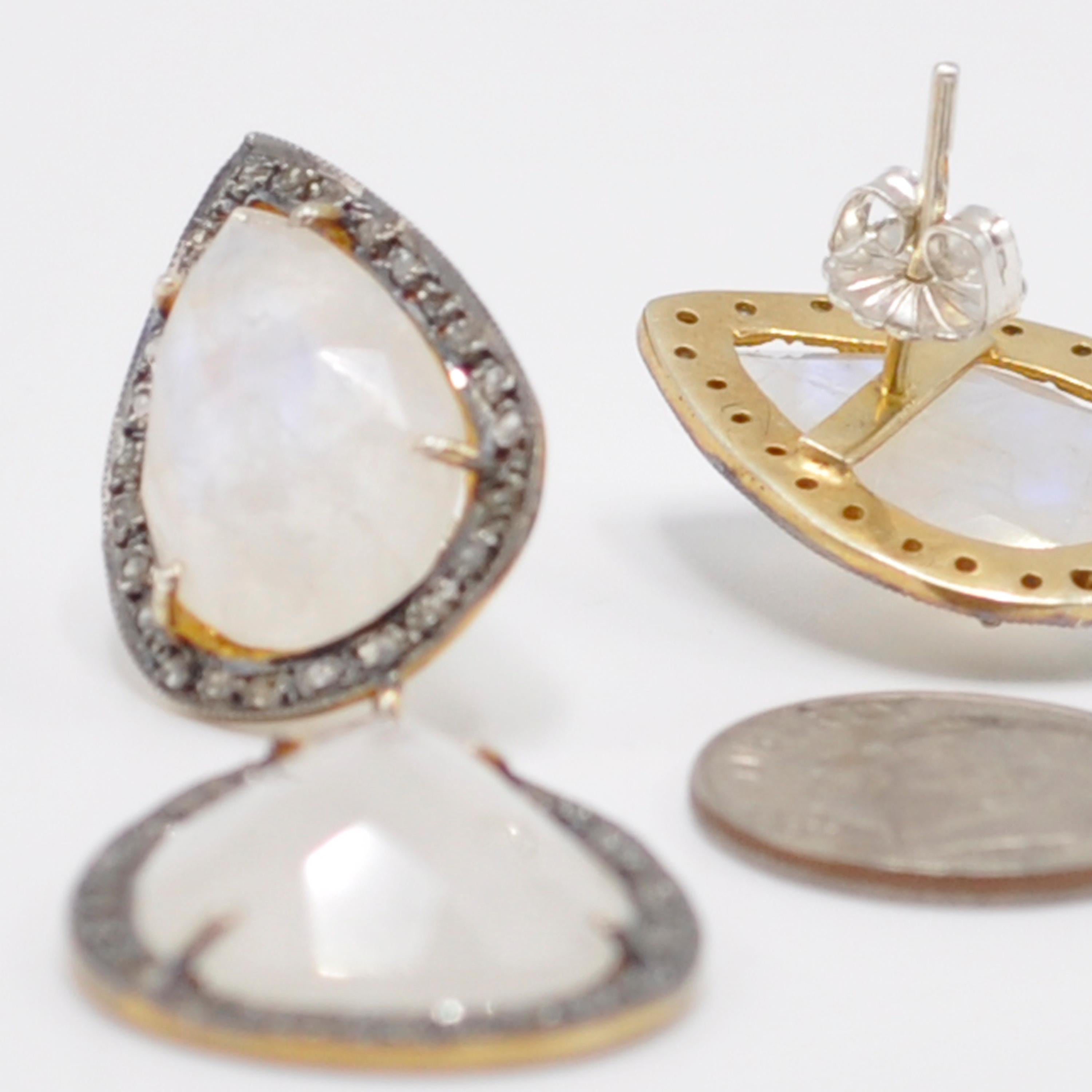 Pear Cut Gilt Silver Diamond and Moonstone Drop Earrings