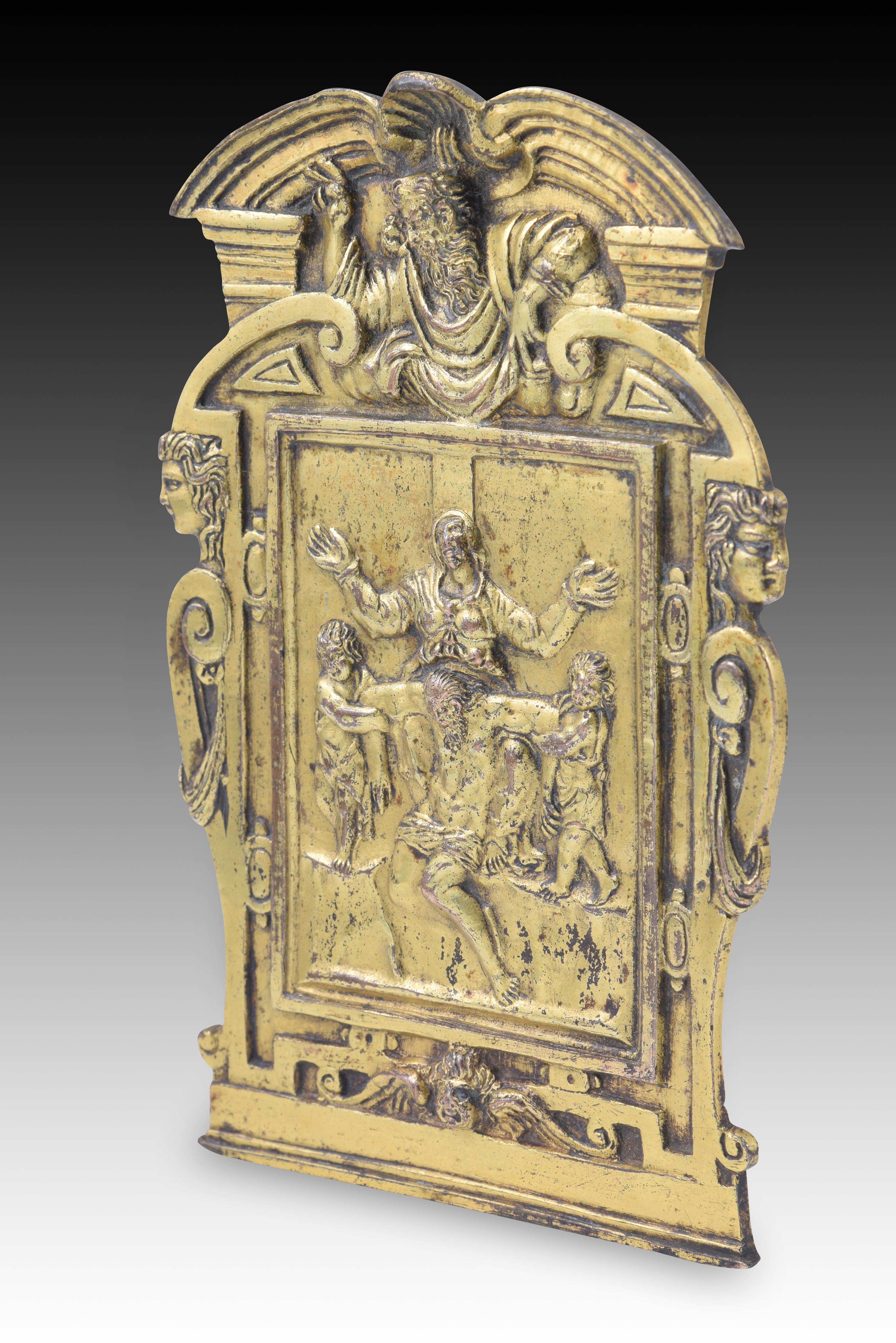 Paxtafel aus vergoldeter Bronze, Pietà. 16. bis 17. Jahrhundert, nach Michelangelo Buonarroti (Renaissance) im Angebot