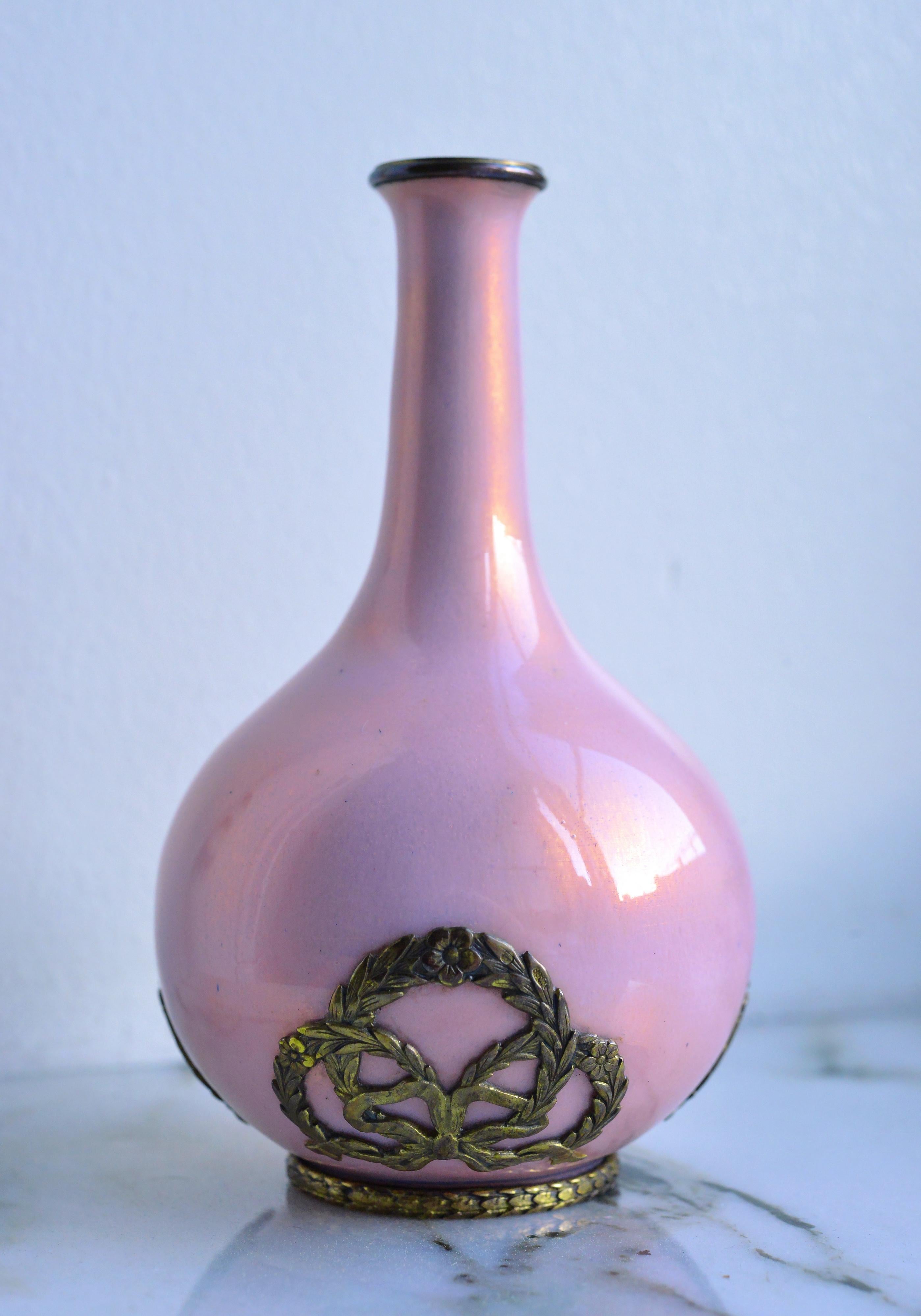 Empire Gilt Silver Pink Enamel Miniature Vase early 20th century Finnish Master For Sale