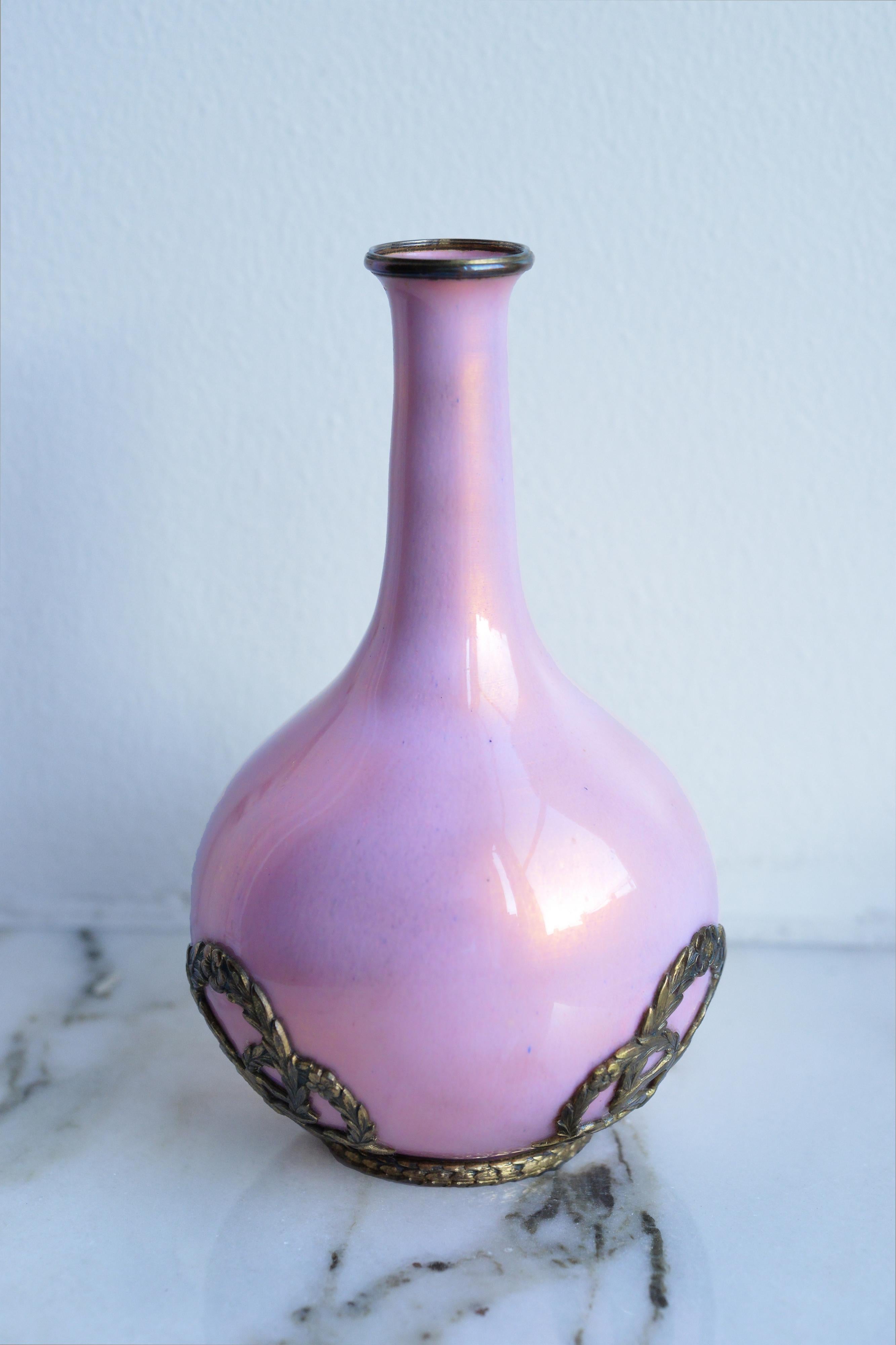Enameled Gilt Silver Pink Enamel Miniature Vase early 20th century Finnish Master For Sale