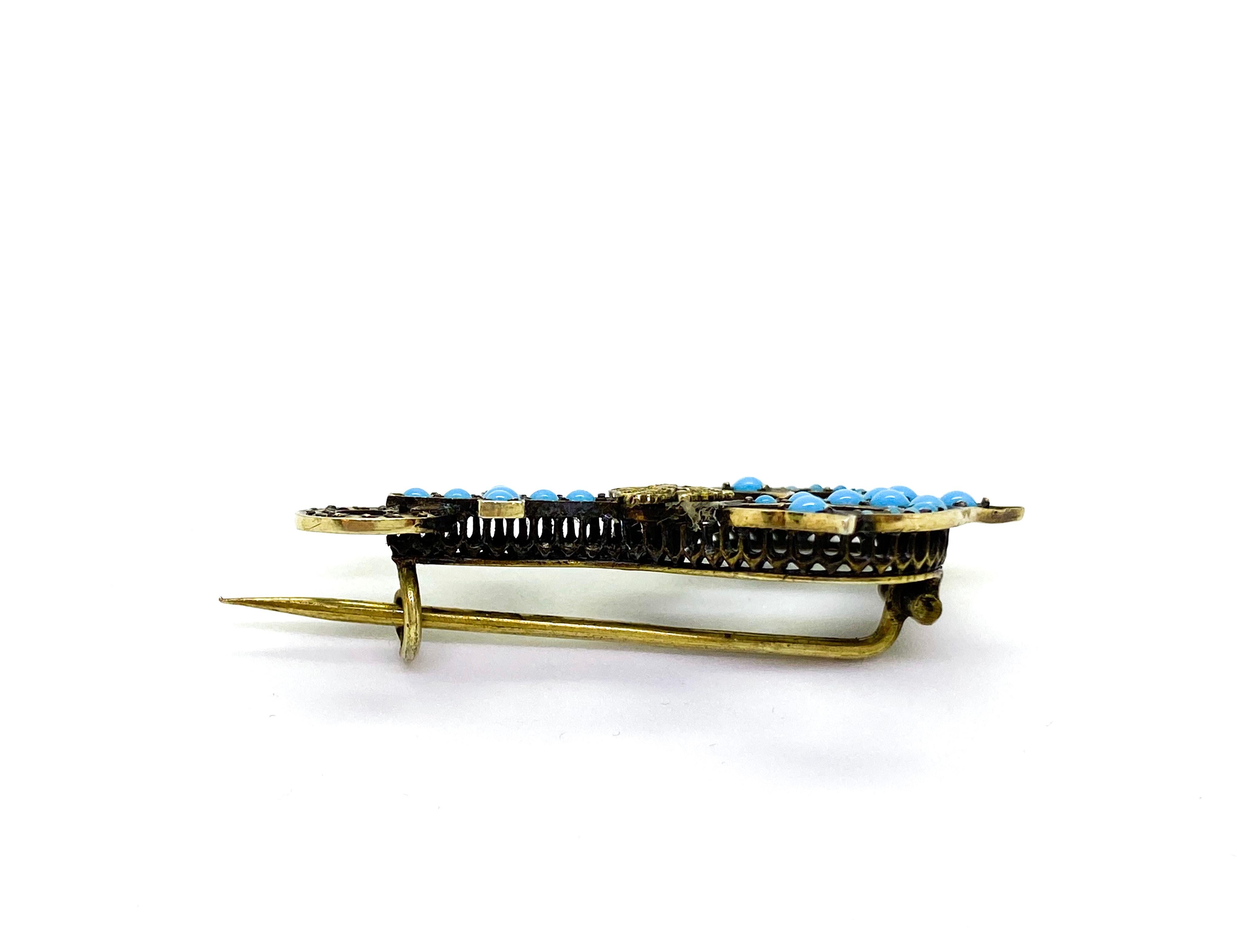 Russian Empire Gilt Silver Russia/Finland Turquoise Pearls Anchor Brooch For Sale