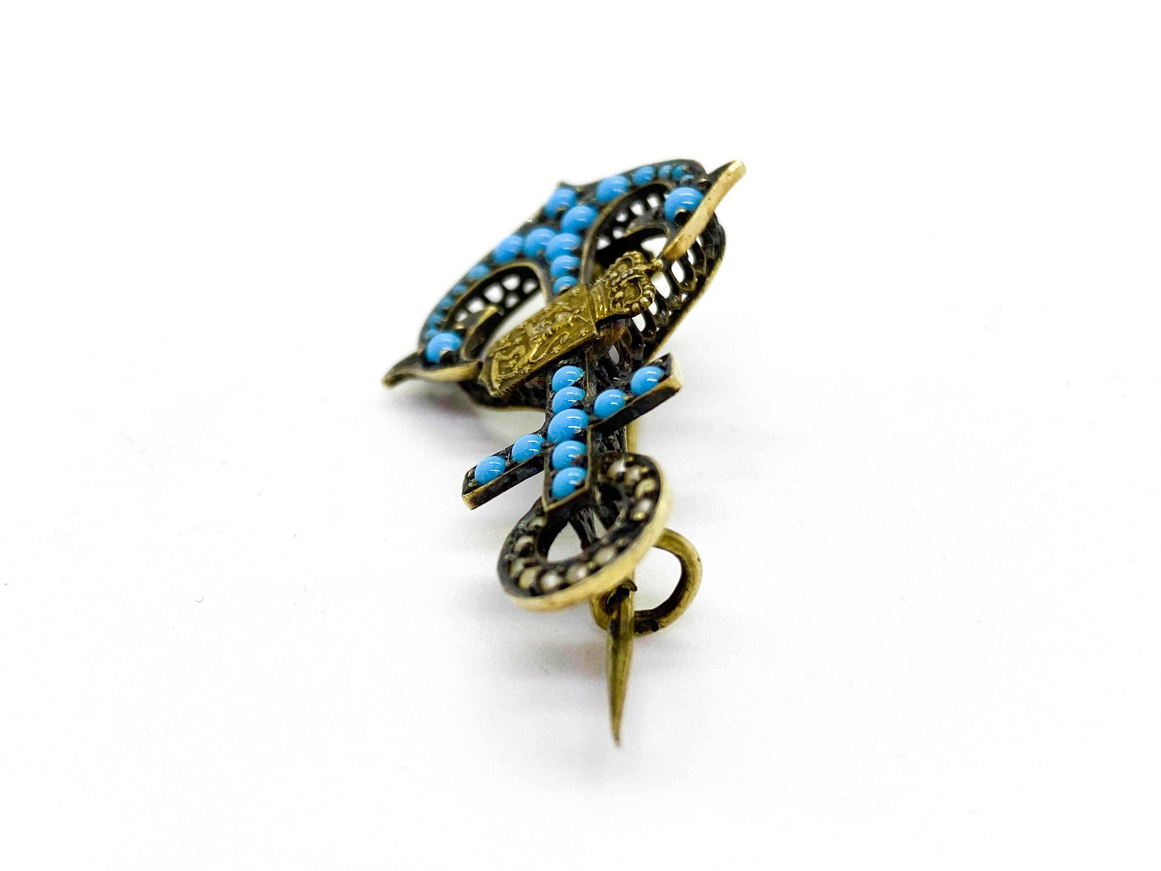 Round Cut Gilt Silver Russia/Finland Turquoise Pearls Anchor Brooch For Sale