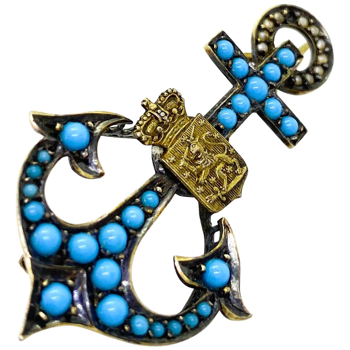 Gilt Silver Russia/Finland Turquoise Pearls Anchor Brooch For Sale