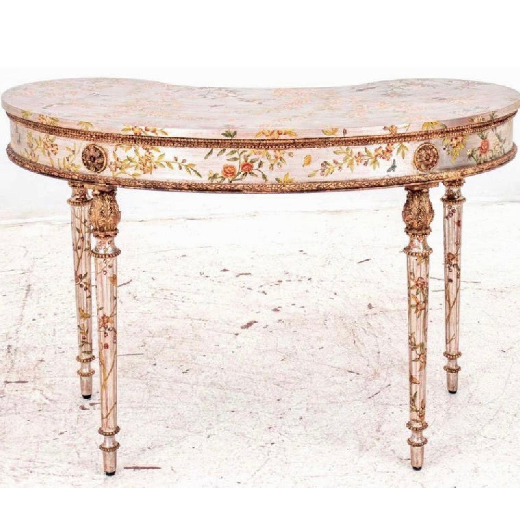 20th Century Gilt, Silvered and Hand Painted Kidney Dressing Table, Desk, Louis XVI Manner