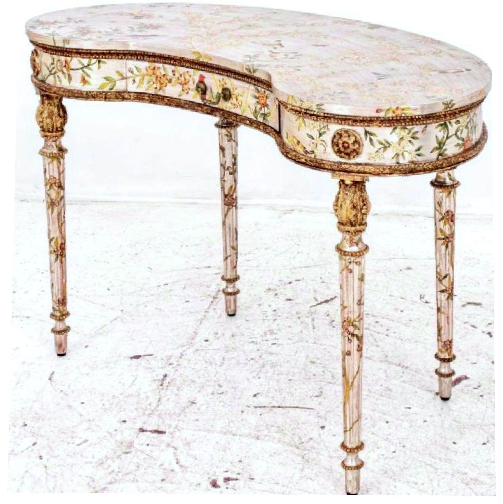 Gilt, Silvered and Hand Painted Kidney Dressing Table, Desk, Louis XVI Manner In Good Condition In Brooklyn, NY