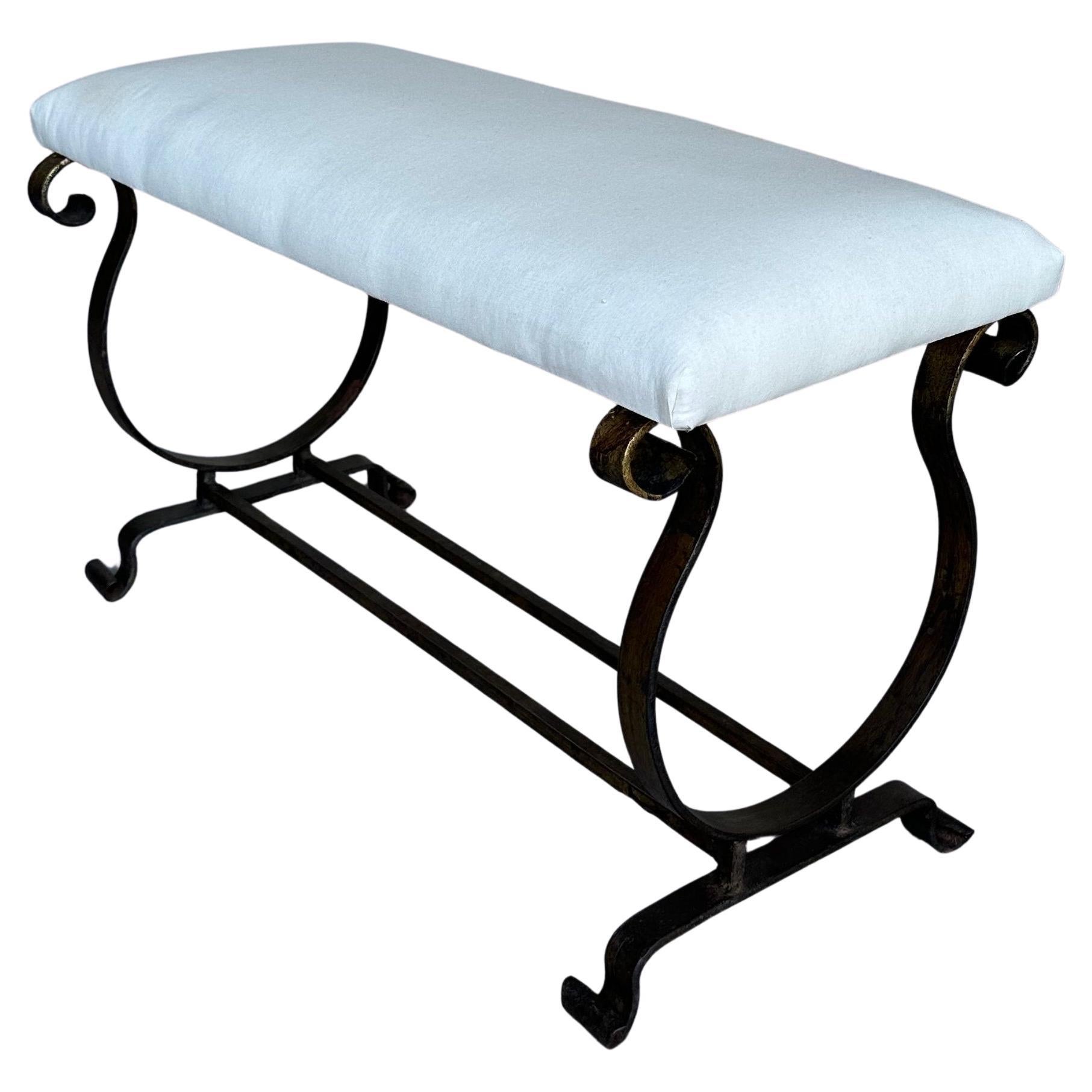 Gilt Spanish Iron Bench with Lyre-Shaped Base