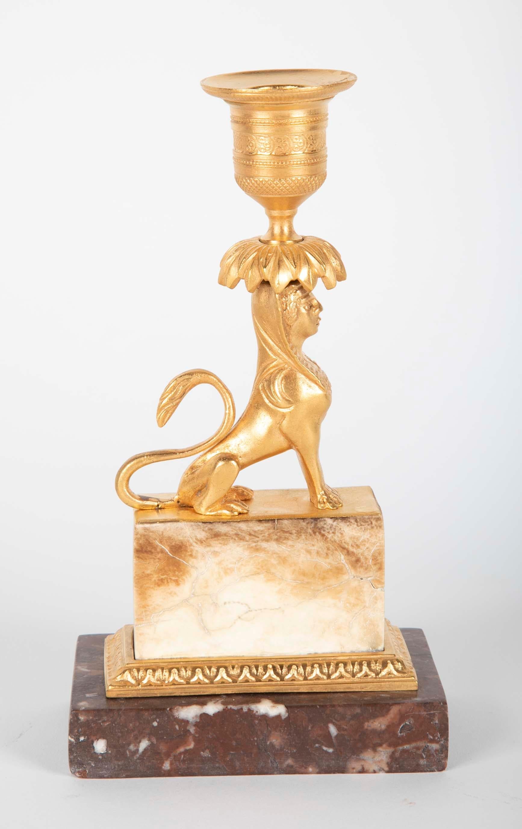 Gilt Sphinx Themed Candlestick on a Stepped Marble Base For Sale 2