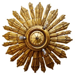 Gilt Starburst Sunburst Wood Tole Hollywood Regency Flush Mount, Italy