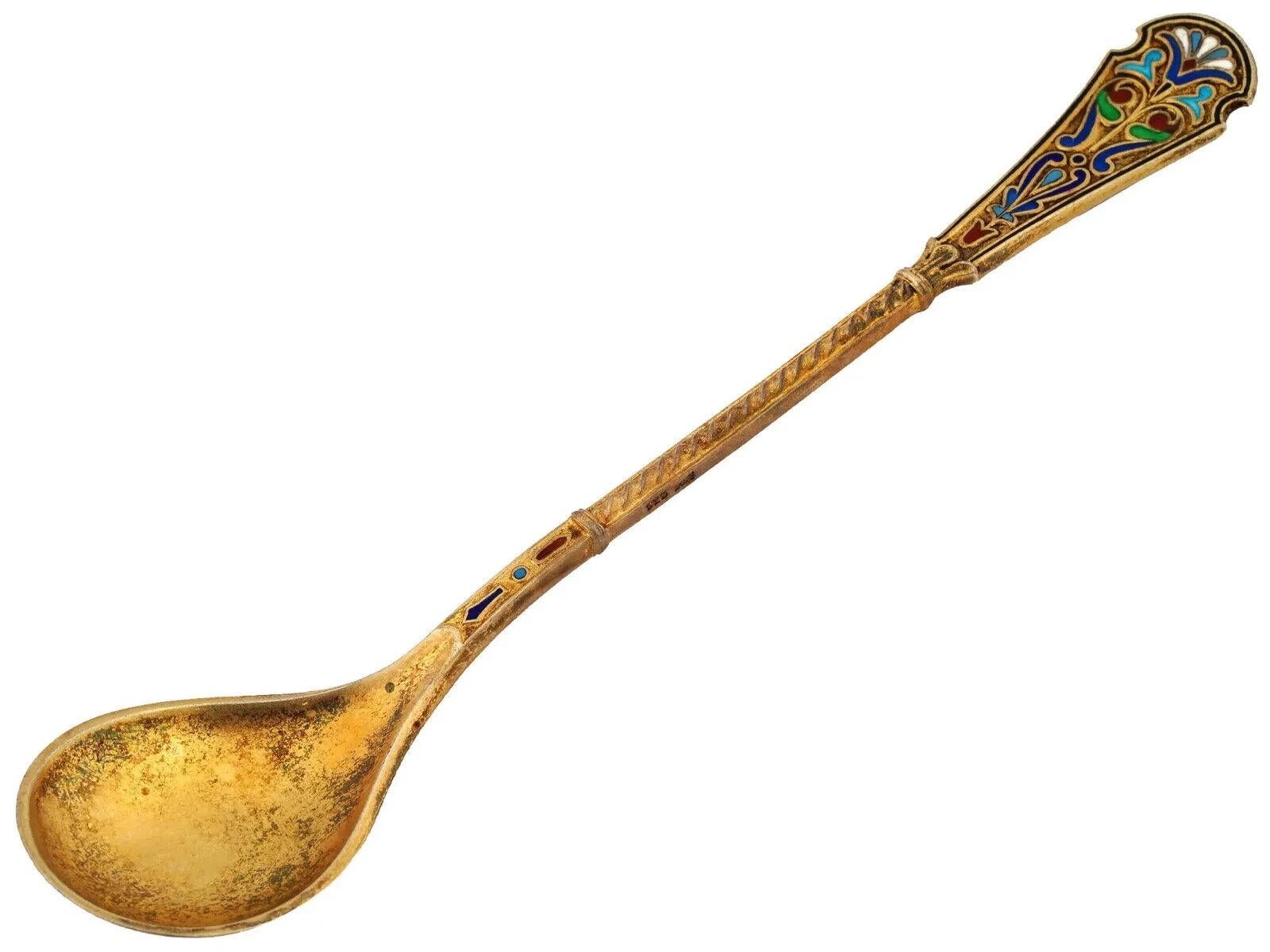 Unknown Gilt Sterling Silver And Enamel Spoon Set Iob For Sale