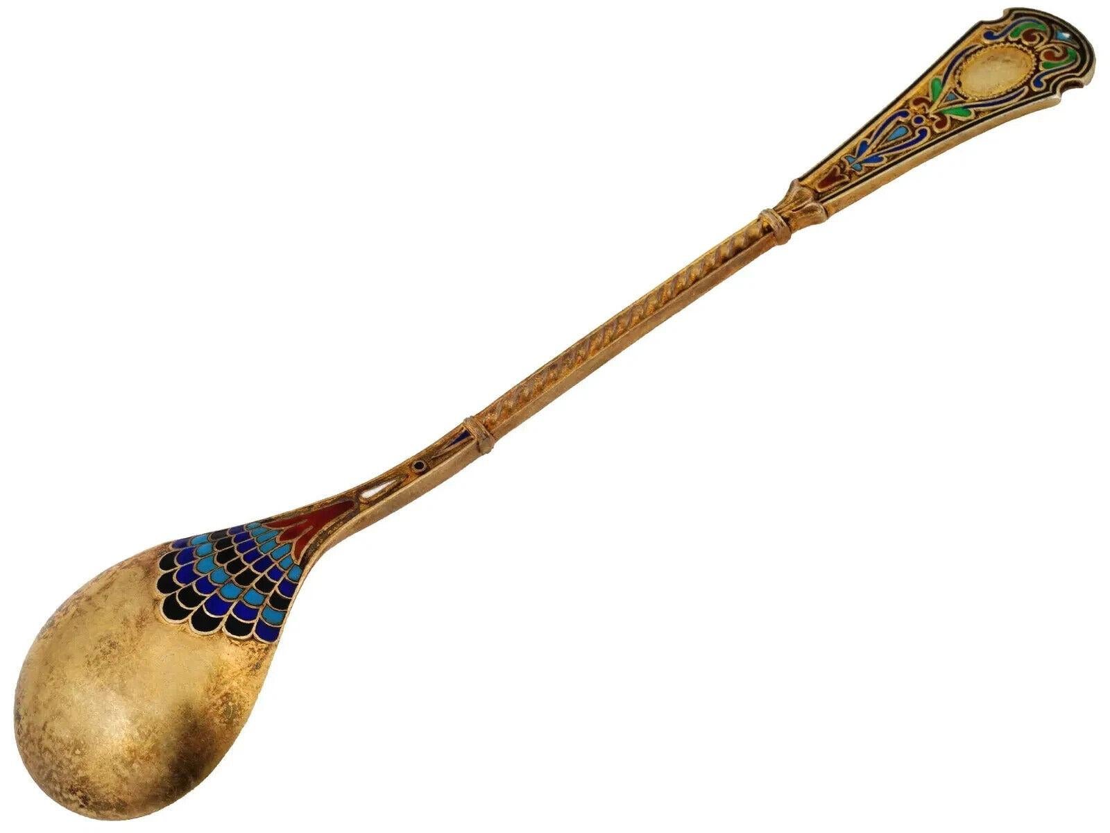 Gilt Sterling Silver And Enamel Spoon Set Iob In Good Condition For Sale In New York, NY