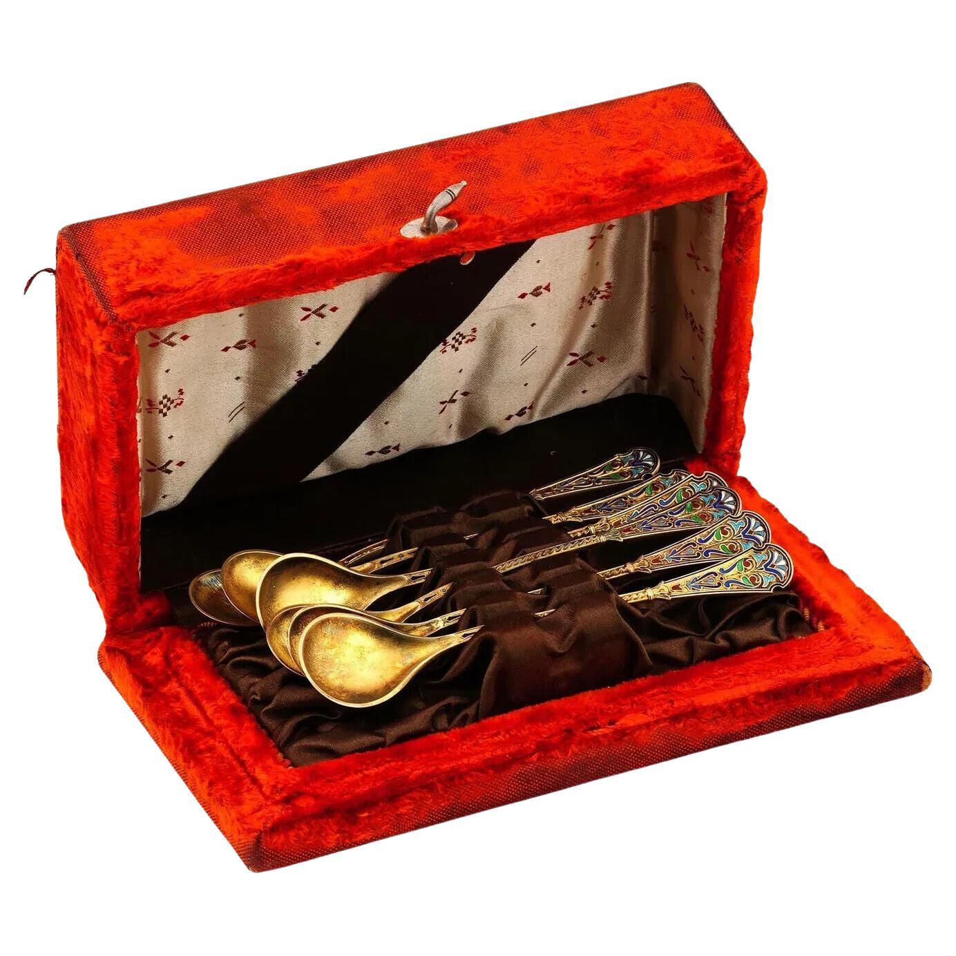 Gilt Sterling Silver And Enamel Spoon Set Iob