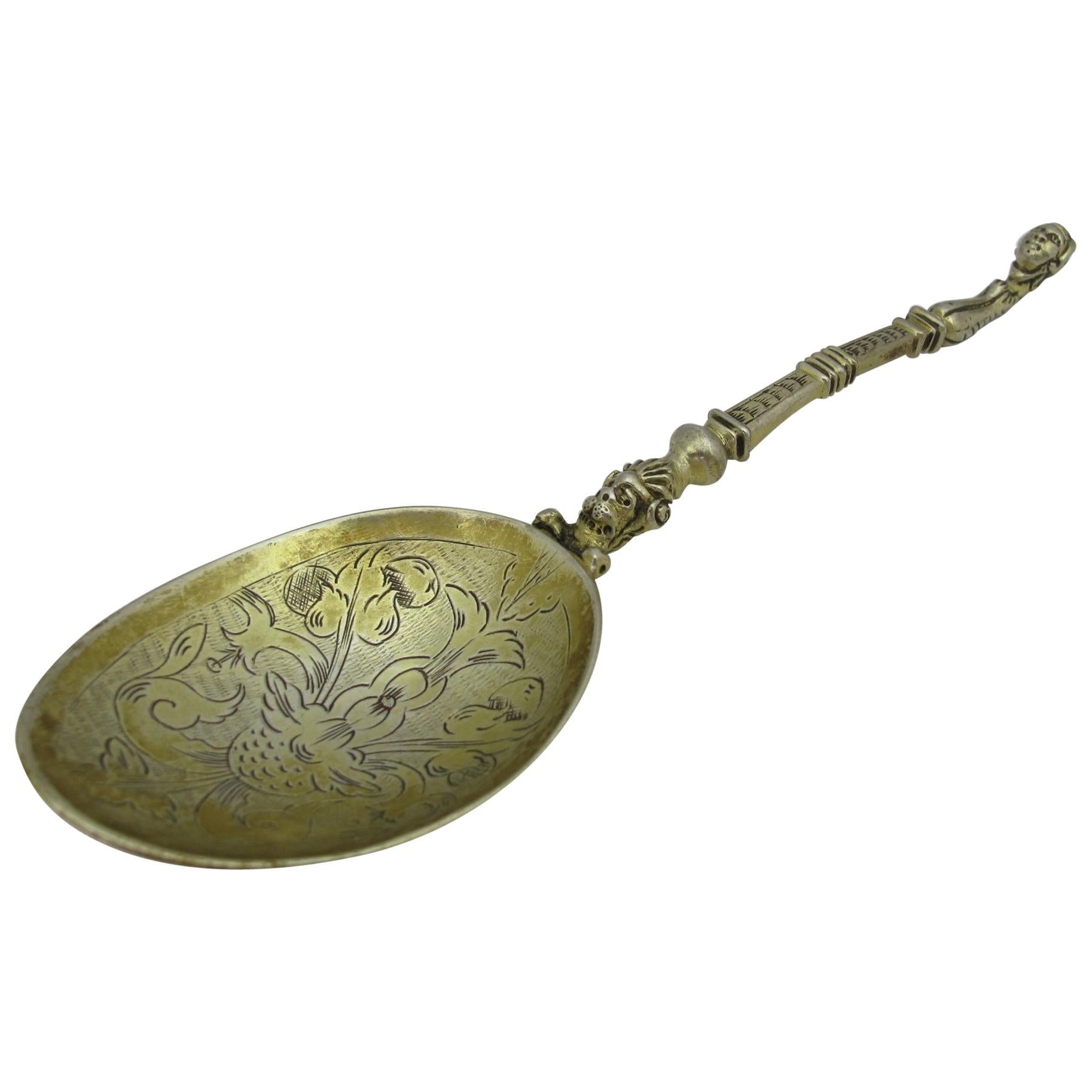 Gilt Sterling Silver Female Knop Spoon John Quick Quycke Barnstaple, circa 1610 For Sale