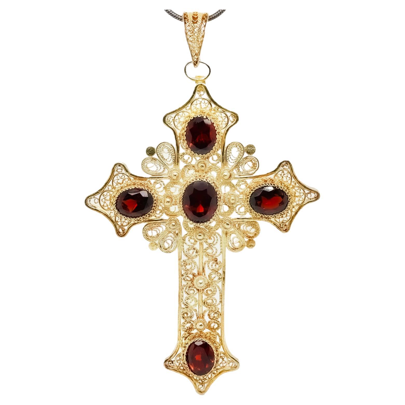 Round Cut Gilt Sterling Silver Filigree Wire and Garnet Gemstone Pendant Cross For Sale