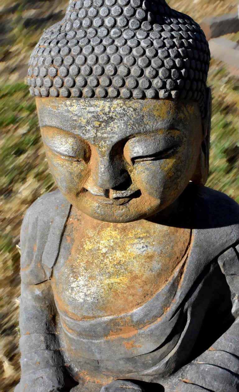 Gilt Stone Buddha Statue Holding a Pearl, Hand Carved For Sale at 1stdibs