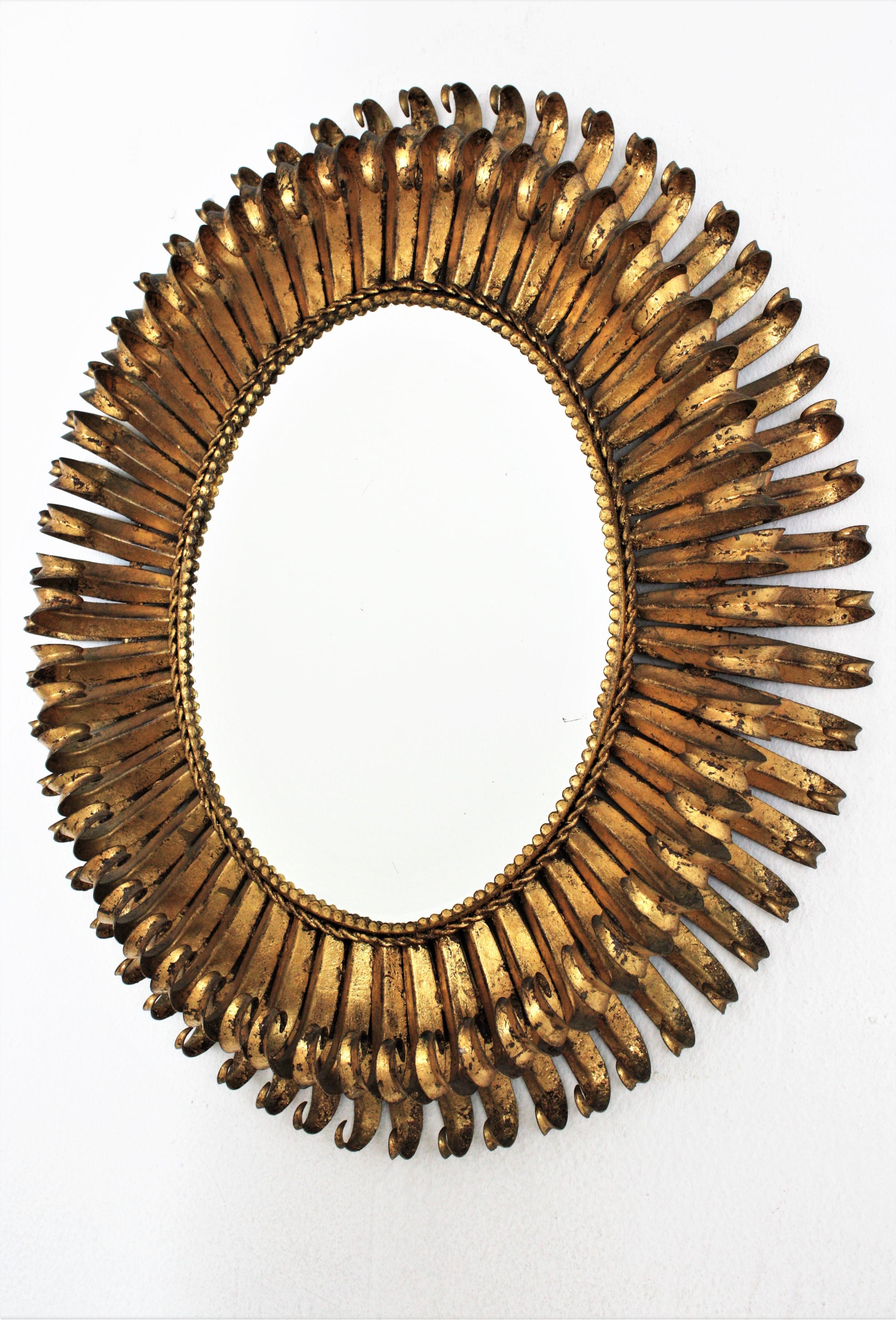Gilt Sunburst Eyelash Oval Mirror, Wrought Iron, 1950s For Sale 4