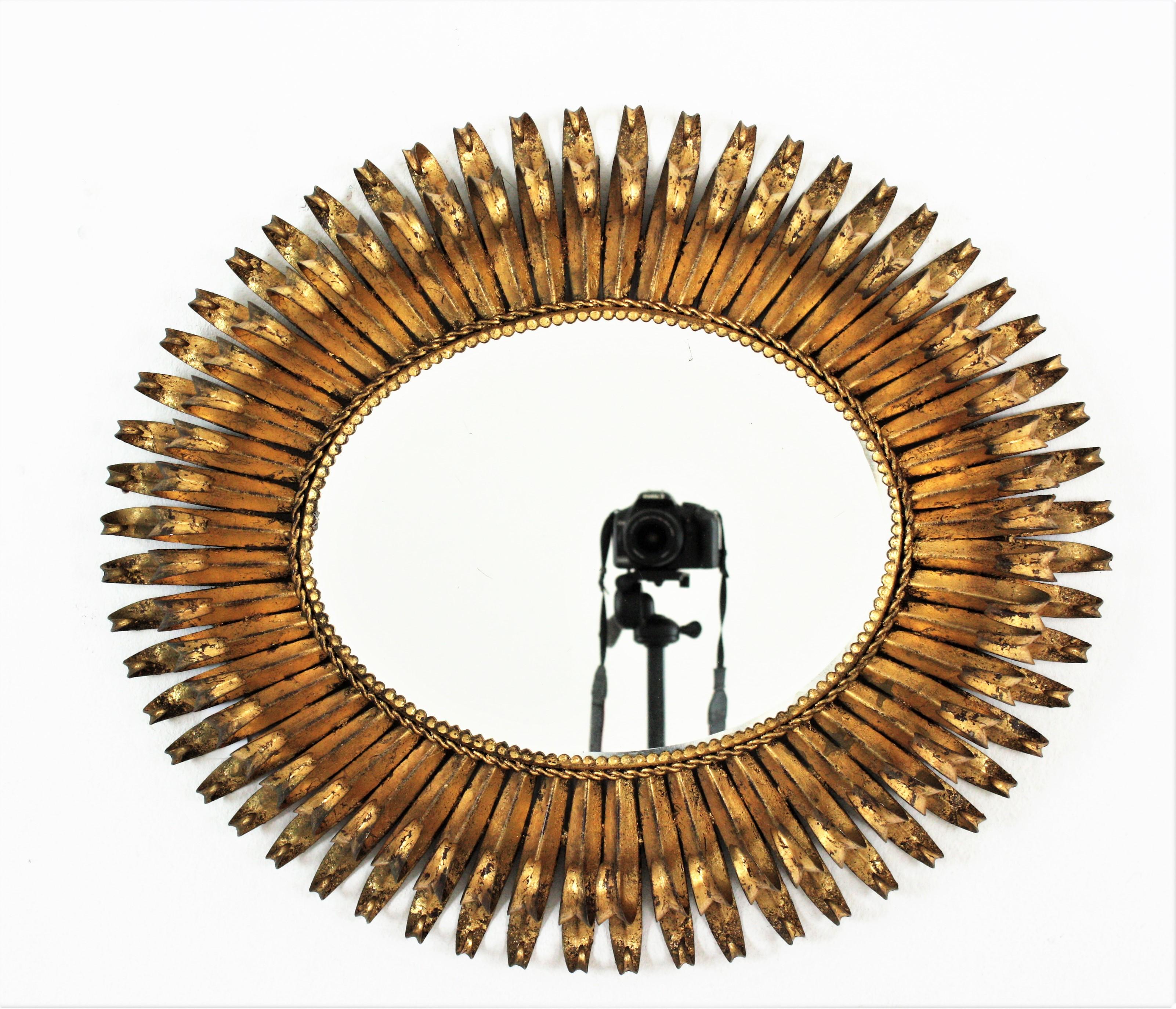 Gilt Sunburst Eyelash Oval Mirror, Wrought Iron, 1950s For Sale 6