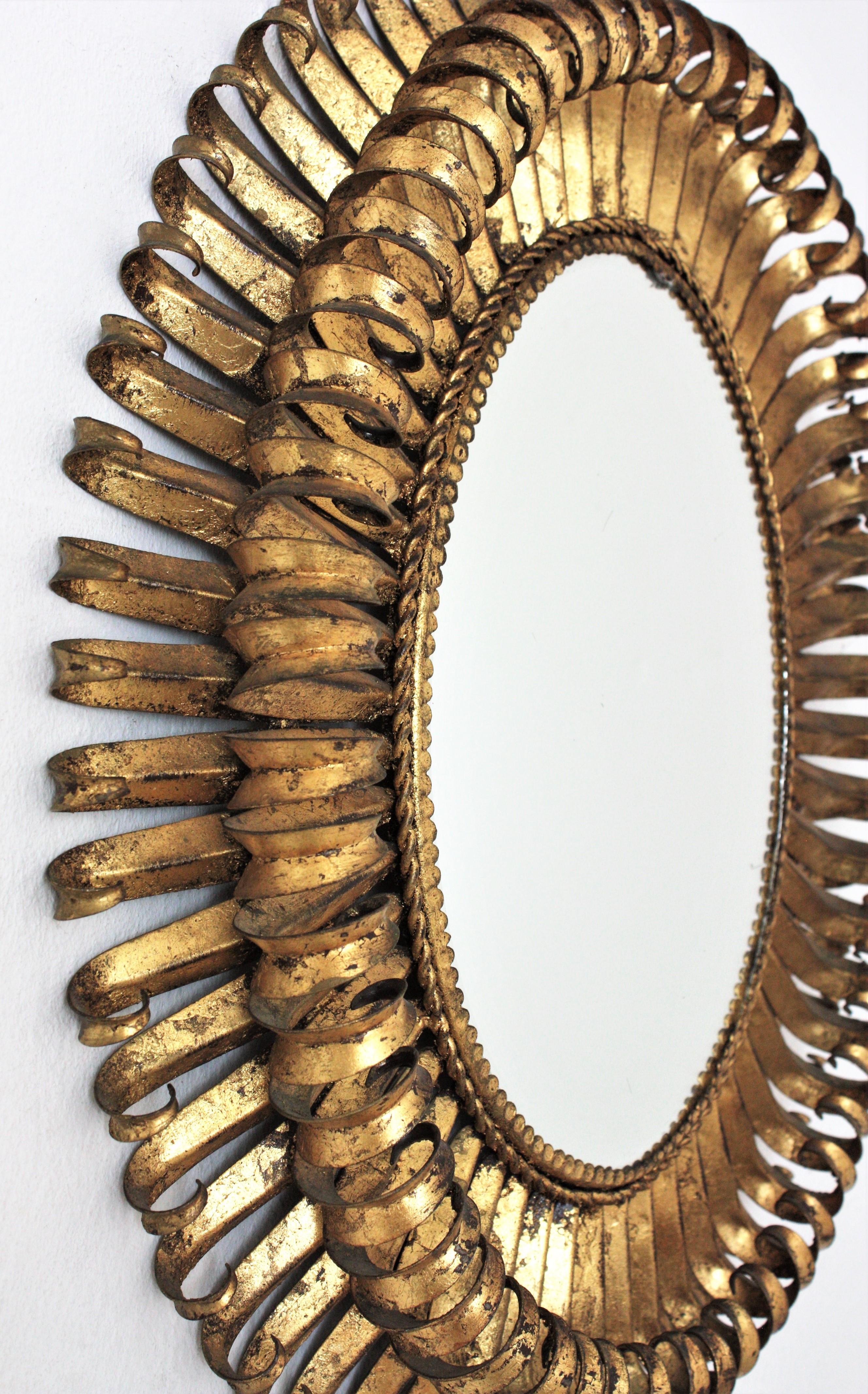 20th Century Gilt Sunburst Eyelash Oval Mirror, Wrought Iron, 1950s For Sale