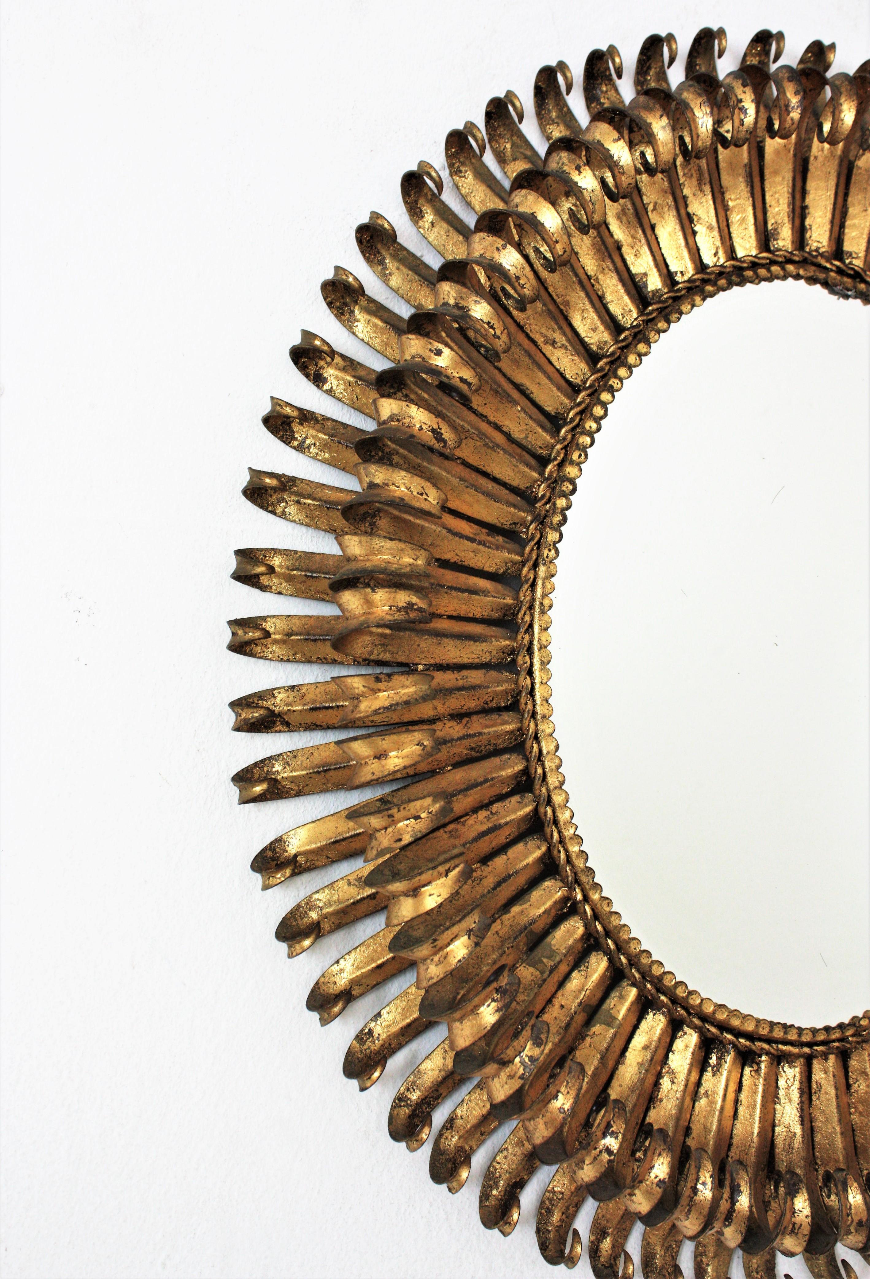 Gilt Sunburst Eyelash Oval Mirror in Wrought Iron For Sale 1