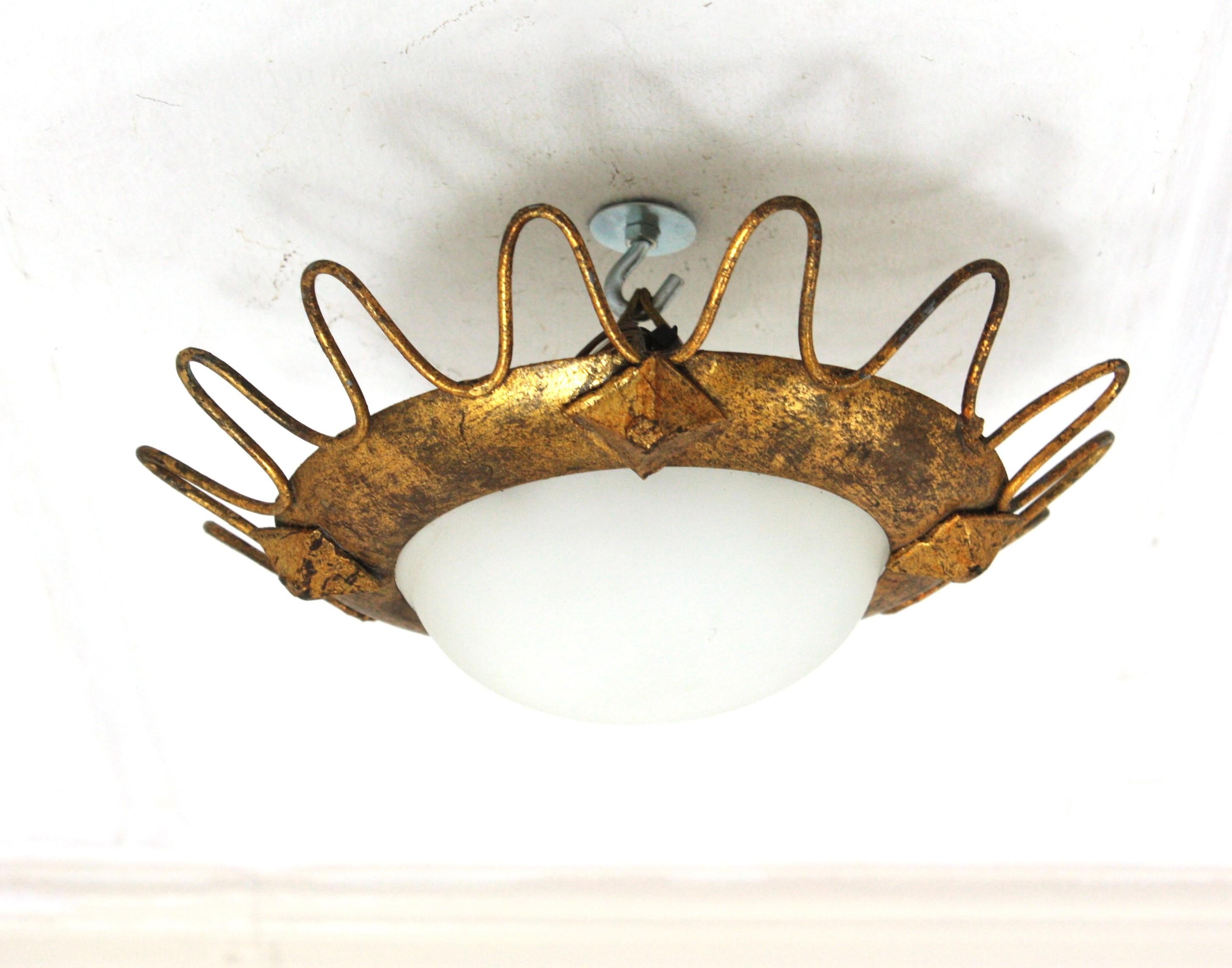Gilt Sunburst Light Fixture with Milk Glass Shade and Loop Detail For Sale 5