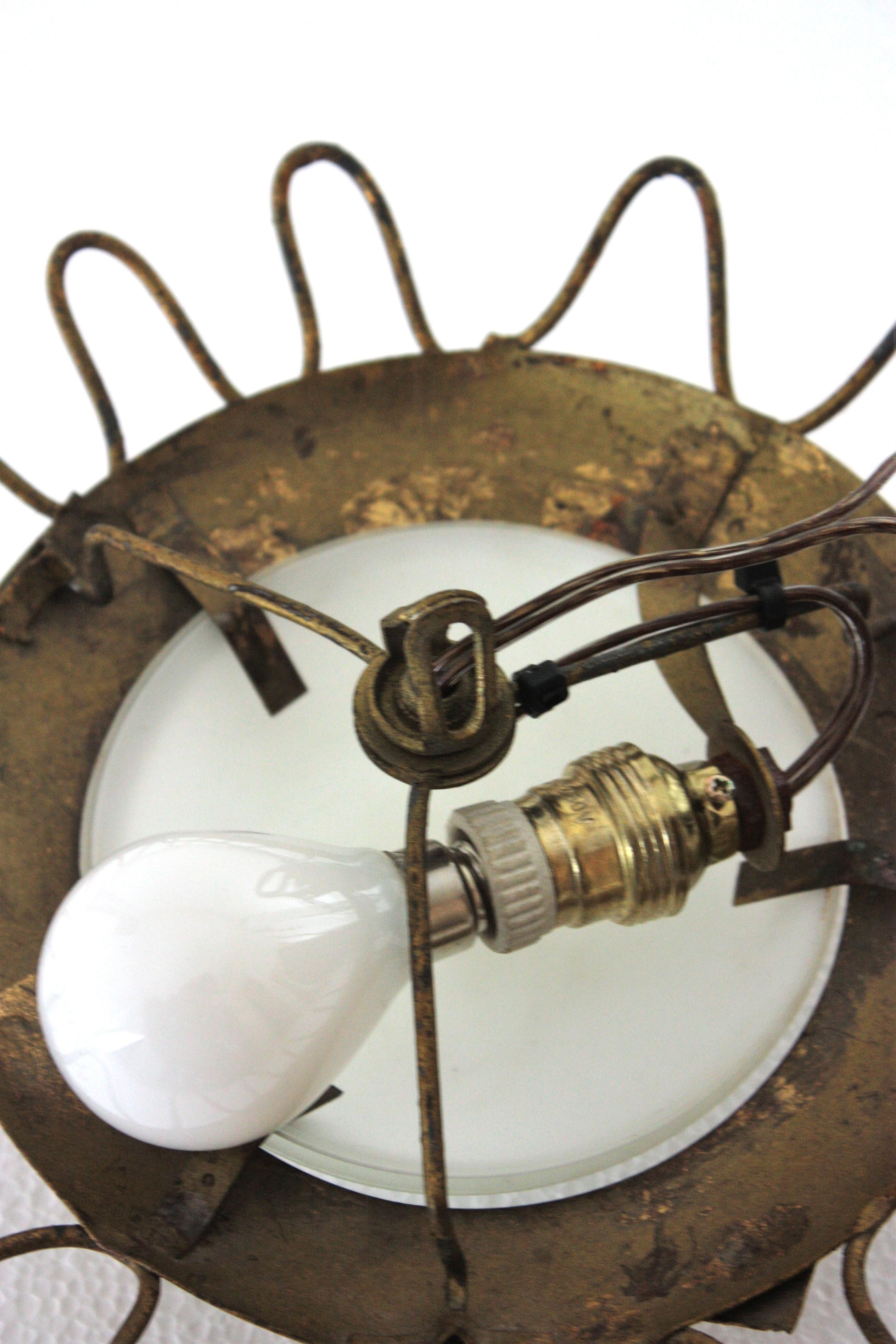 Gilt Sunburst Light Fixture with Milk Glass Shade and Loop Detail 6