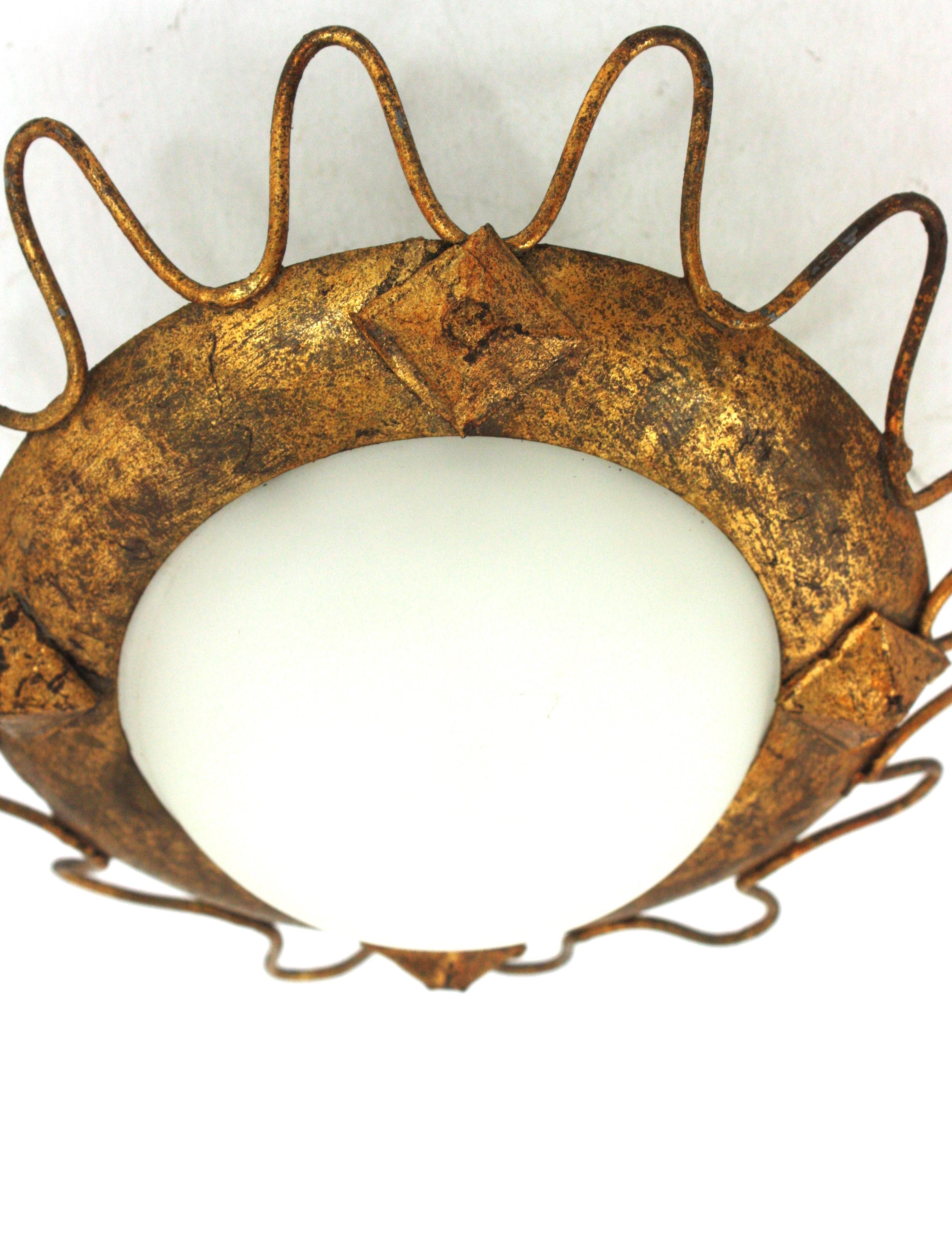 20th Century Gilt Sunburst Light Fixture with Milk Glass Shade and Loop Detail For Sale