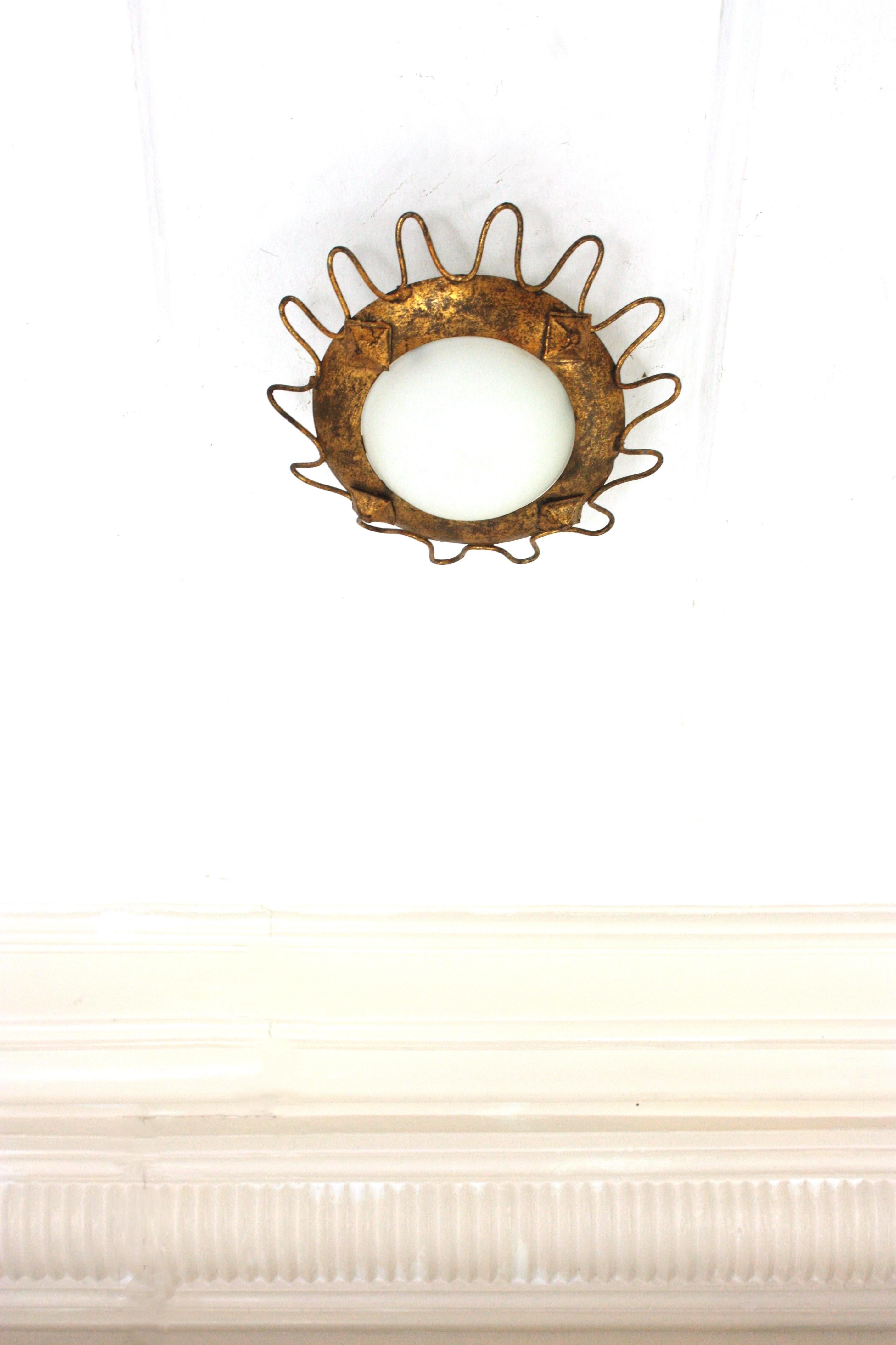 Gilt Sunburst Light Fixture with Milk Glass Shade and Loop Detail For Sale 1