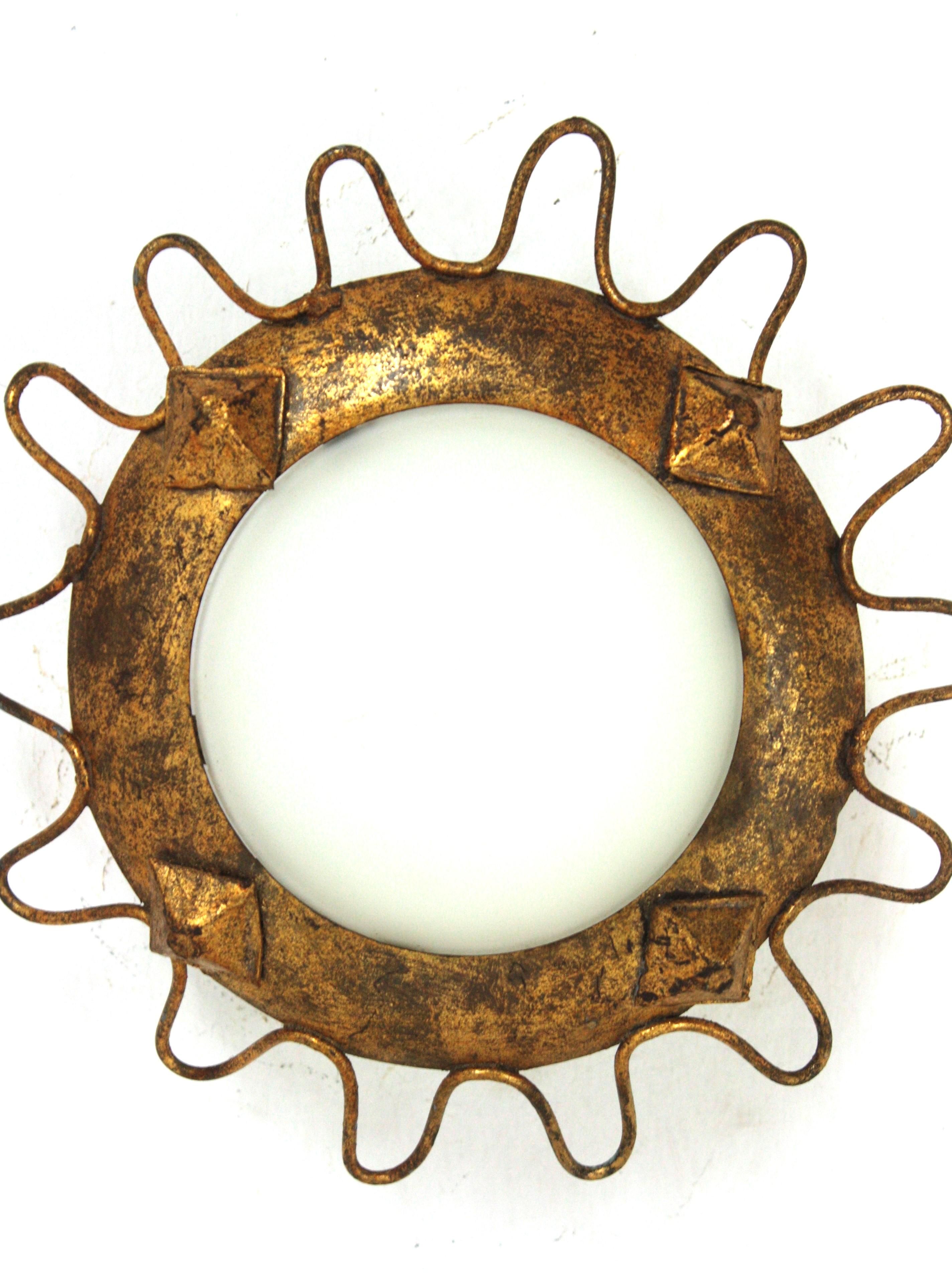 Gilt Sunburst Light Fixture with Milk Glass Shade and Loop Detail For Sale 2