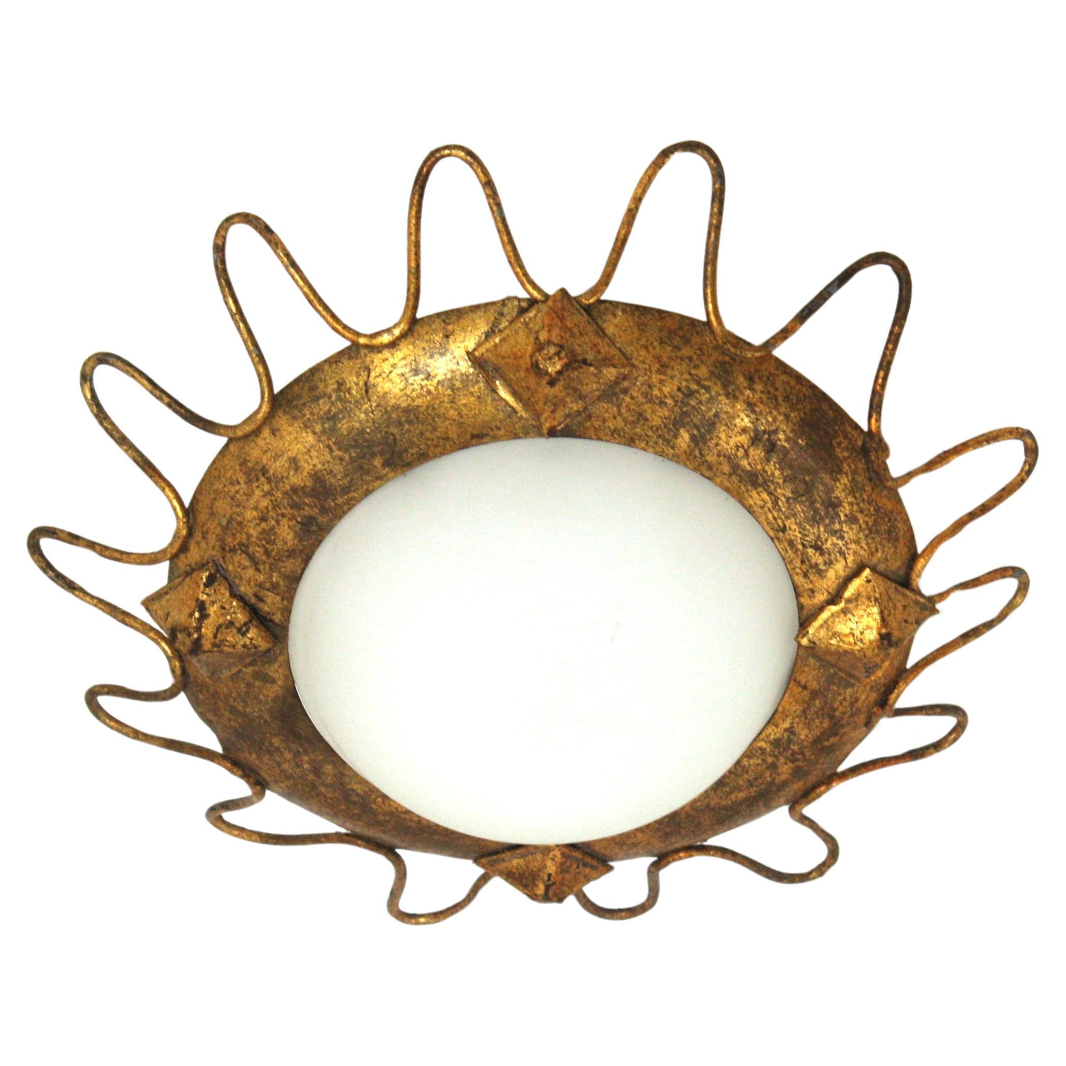 Gilt Sunburst Light Fixture with Milk Glass Shade and Loop Detail For Sale