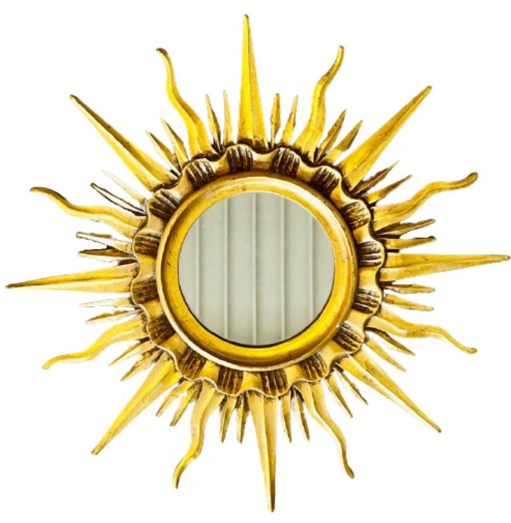 Stylish composition wood that has been gilded in a stunning sunburst shape to surround a round mirror by Mario Buatta.
** Located at our 200 Lexington Avenue Gallery at the New York Design Center **
 


hHX.