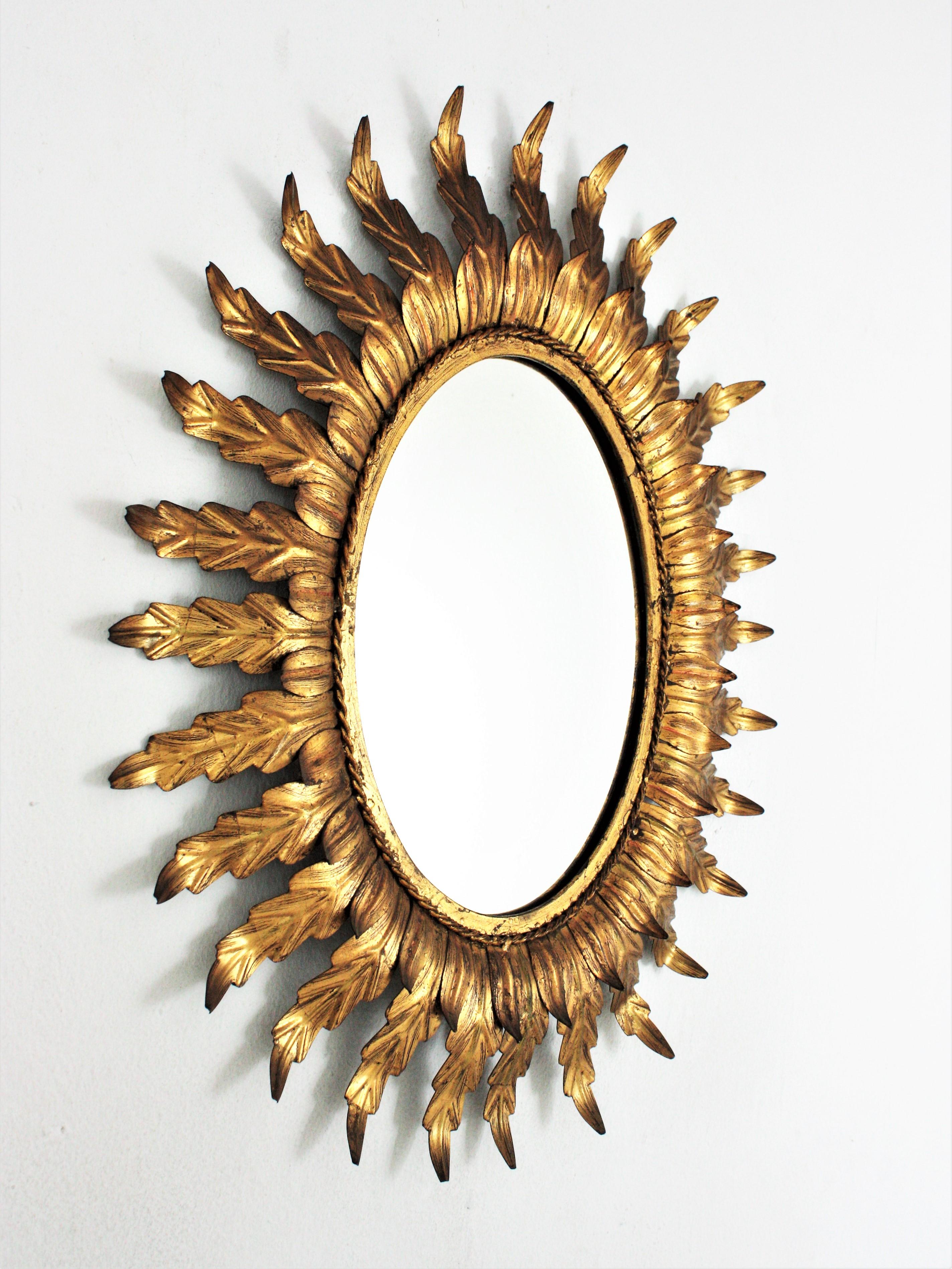 Gilt Sunburst Oval Mirror with Foliage Frame For Sale 4