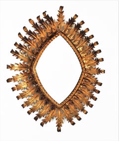 Gilt Sunburst Rhombus Mirror with Leafed Frame, 1950s