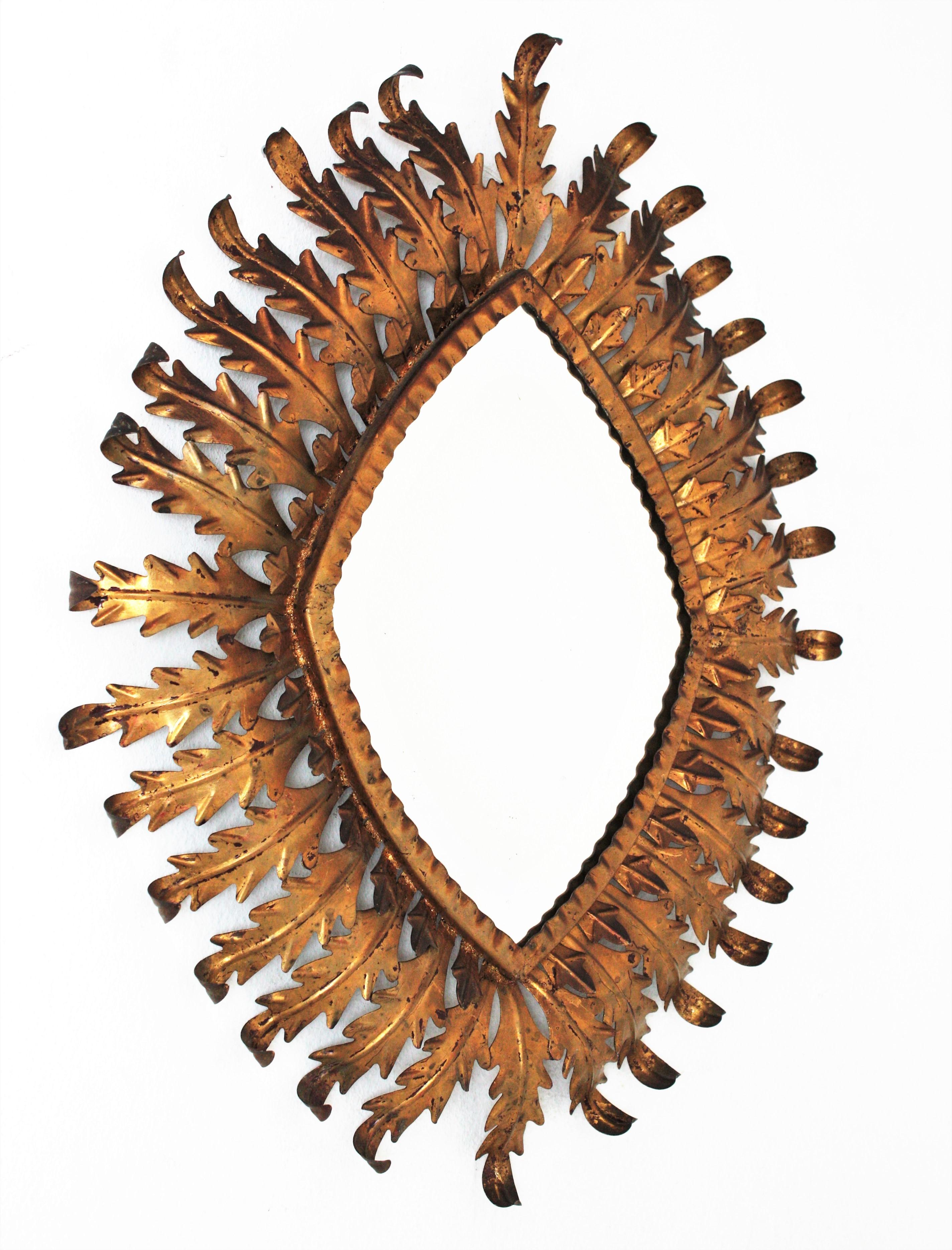 Hollywood Regency Gilt Sunburst Rhombus Mirror with Leafed Frame For Sale