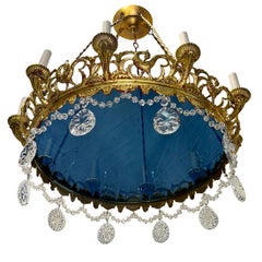 Gilt Swedish Chandelier with Cobalt Blue Glass & Crystals