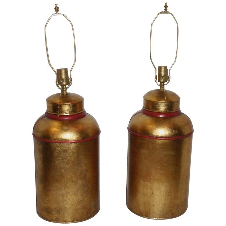 Gilt Tea Canister Lamps with Red Details For Sale at 1stDibs