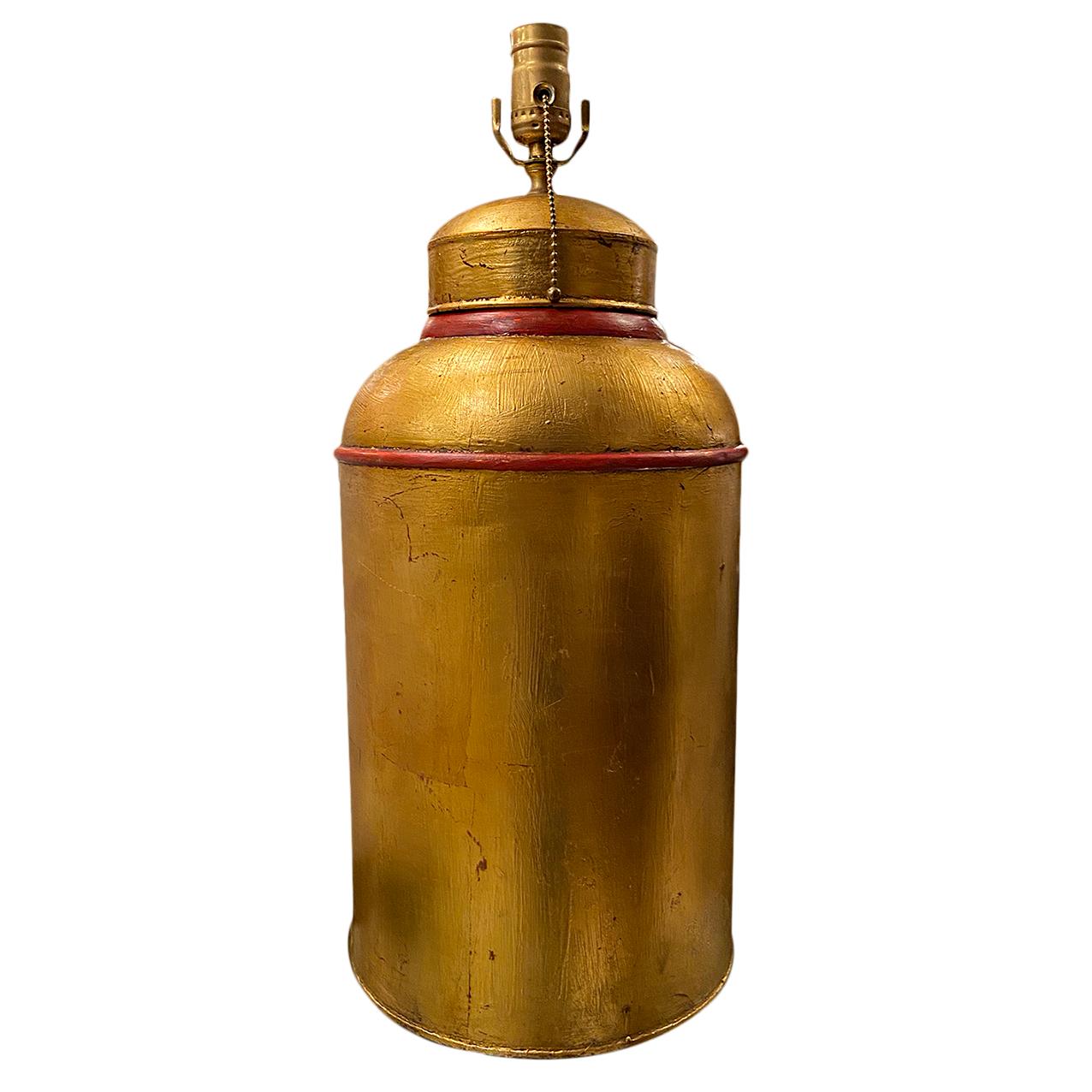 Italian Gilt Tea Canister Lamps with Red Details For Sale