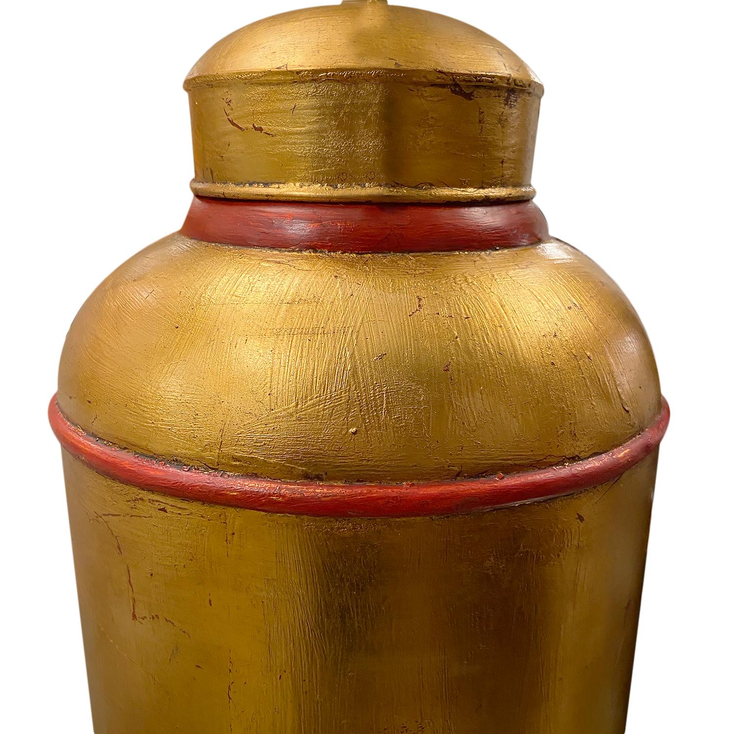 Gilt Tea Canister Lamps with Red Details In Good Condition For Sale In New York, NY