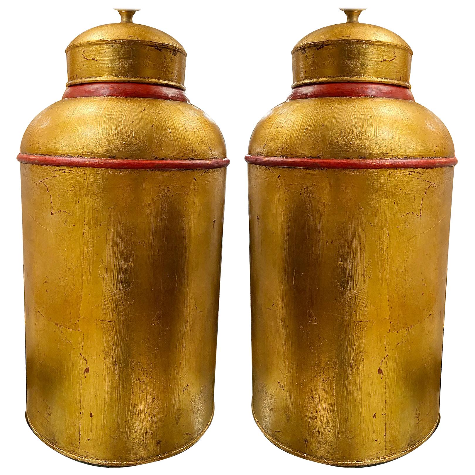 Gilt Tea Canister Lamps with Red Details For Sale