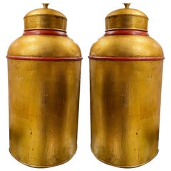 Vintage Gilt Tea Canister Lamps with Red Details