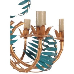 Gilt & Teal Painted Palm Fronds Bagués Style Chandelier