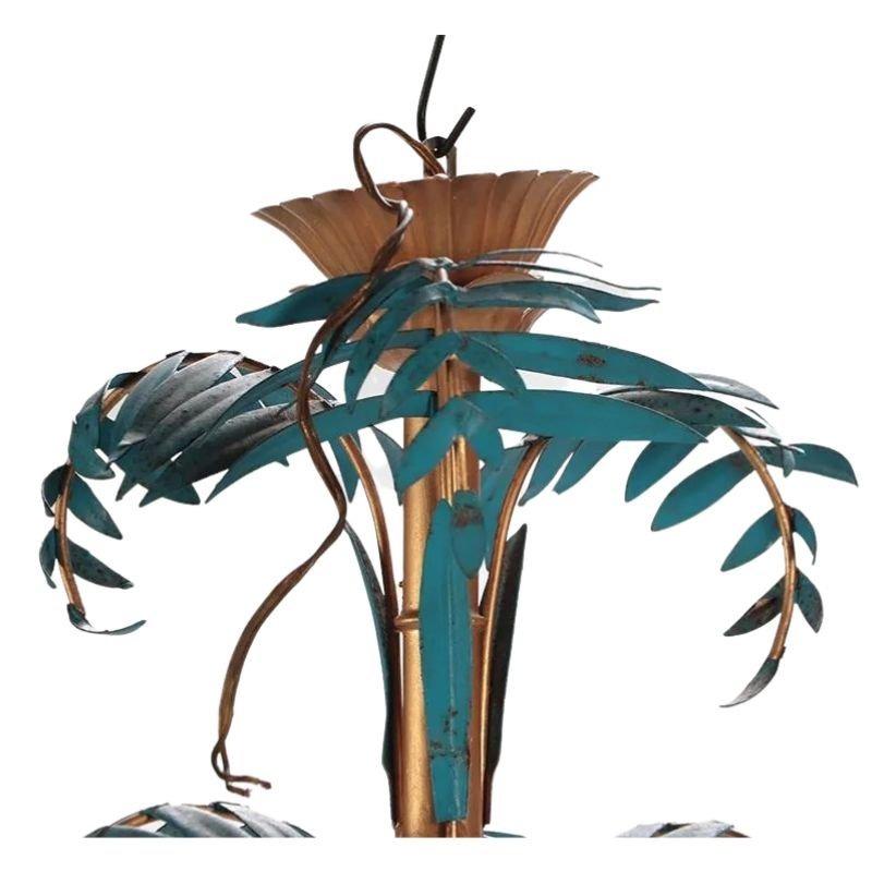 Hand-Painted Gilt & Teal Painted Palm Fronds Bagués Style Chandelier